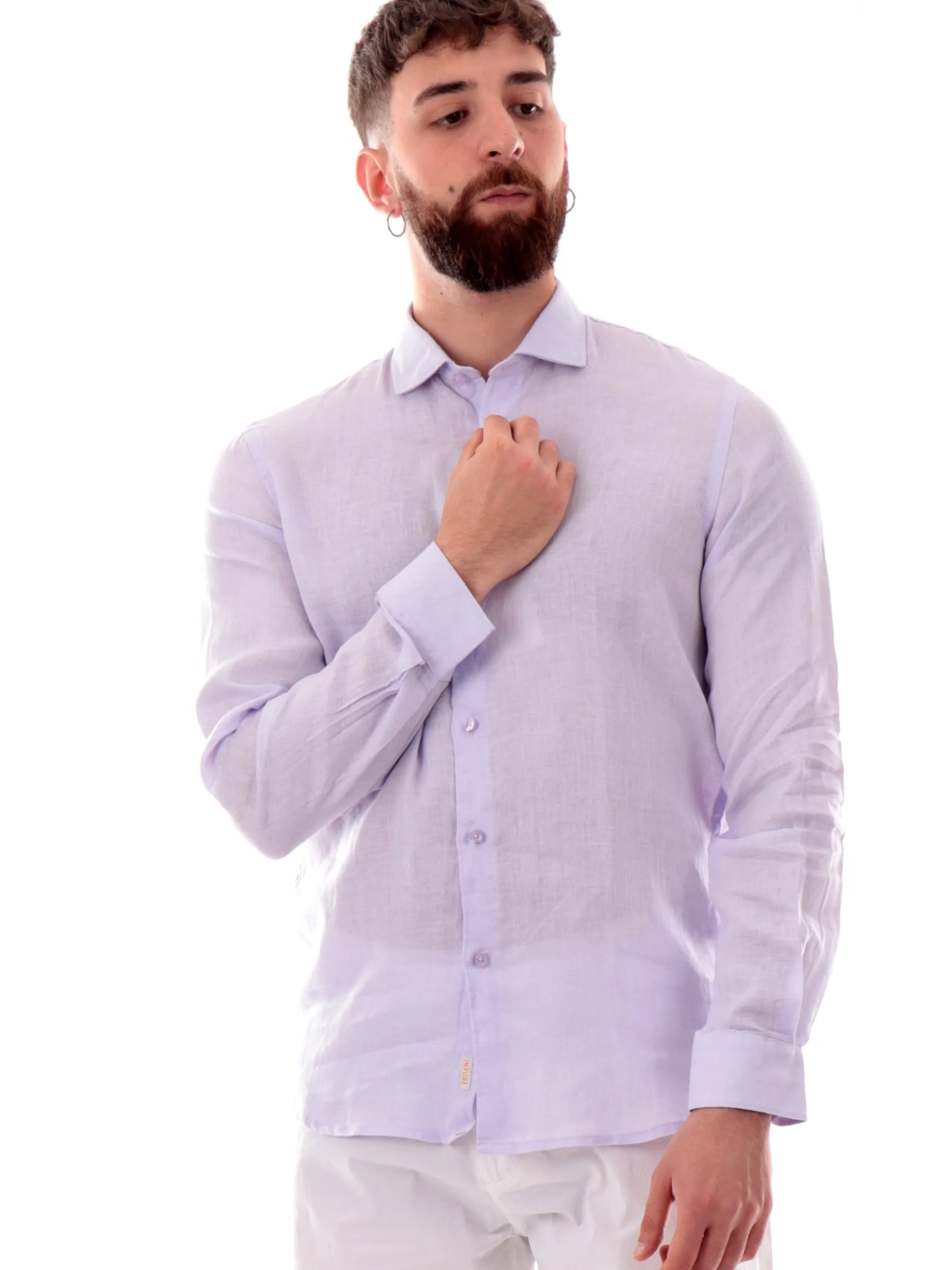IMPURE Camicie*Camicia lino lilla da uomo colletto francese RILEY