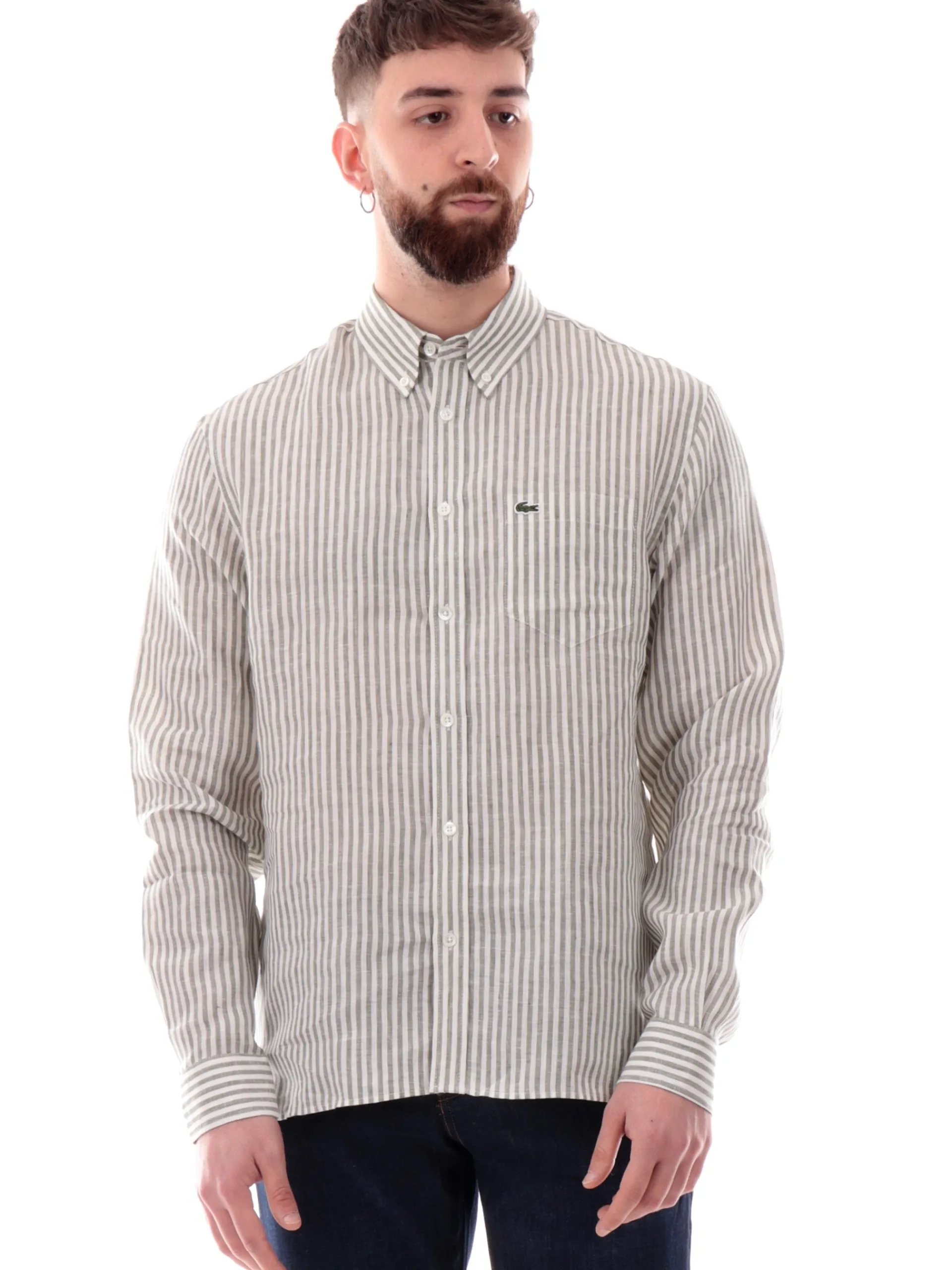 LACOSTE Camicie*Camicia lino verde da uomo a righe CH6985