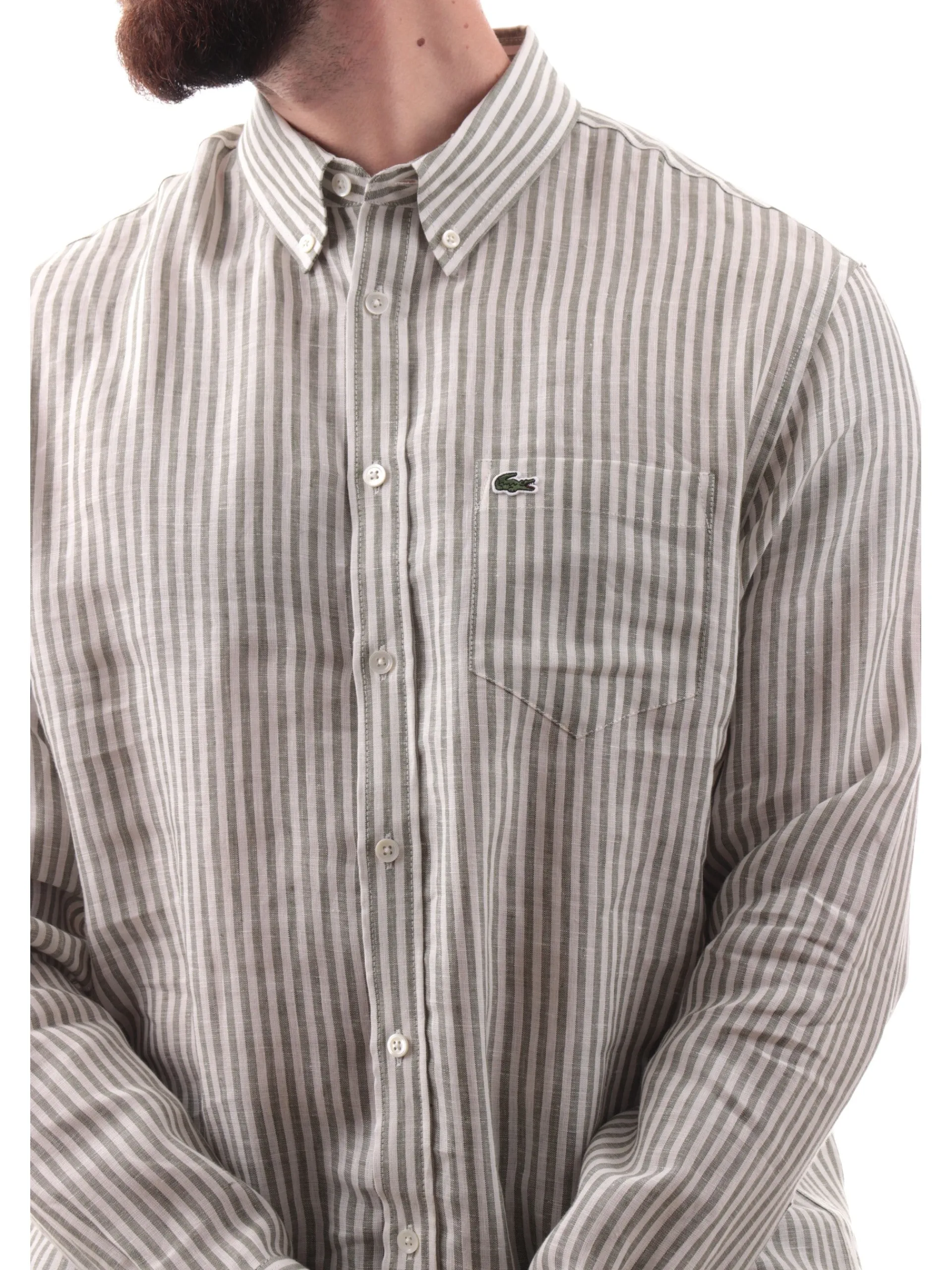 LACOSTE Camicie*Camicia lino verde da uomo a righe CH6985