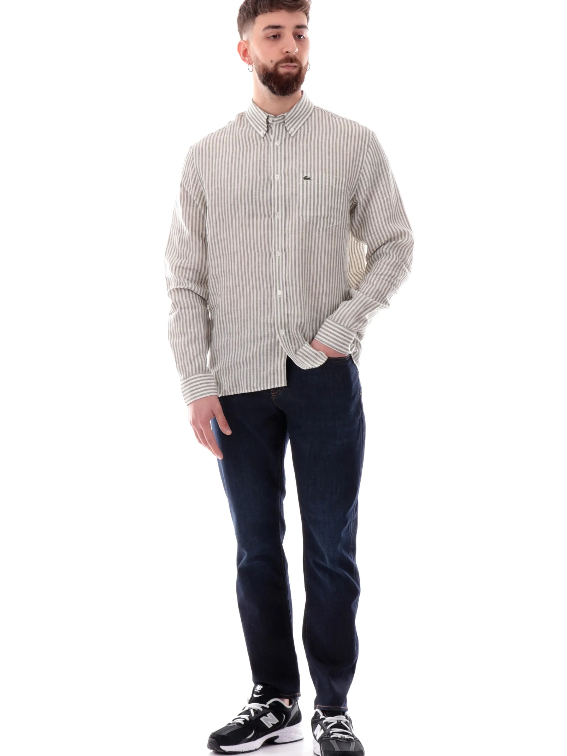 LACOSTE Camicie*Camicia lino verde da uomo a righe CH6985