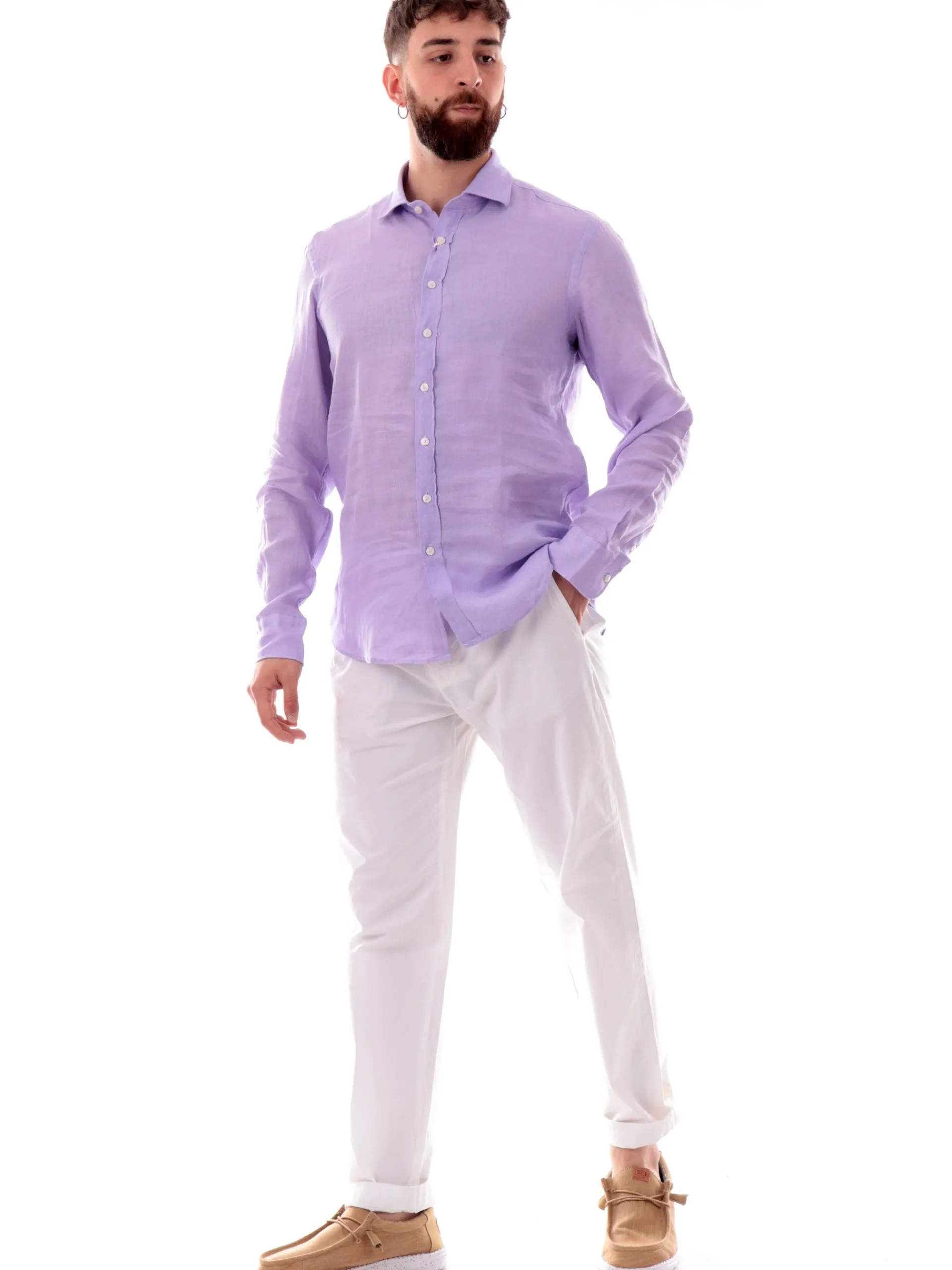BASTONCINO Camicie*Camicia lino viola da uomo maniche lunghe B05012