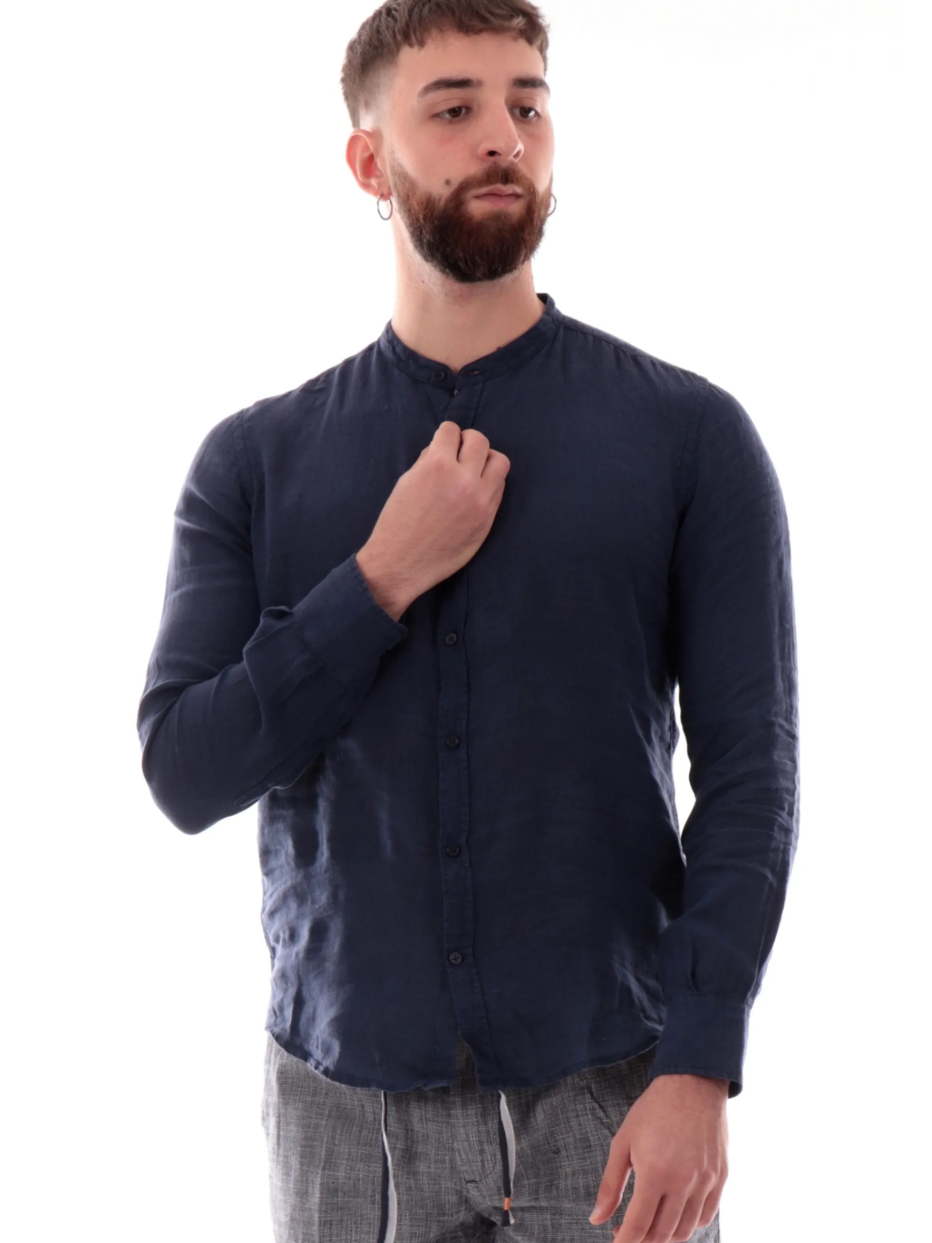 MANIFATTURA BORGHESE Camicie*Camicia lino coreana Borghese blu da uomo in lino 5SCA0209LI101