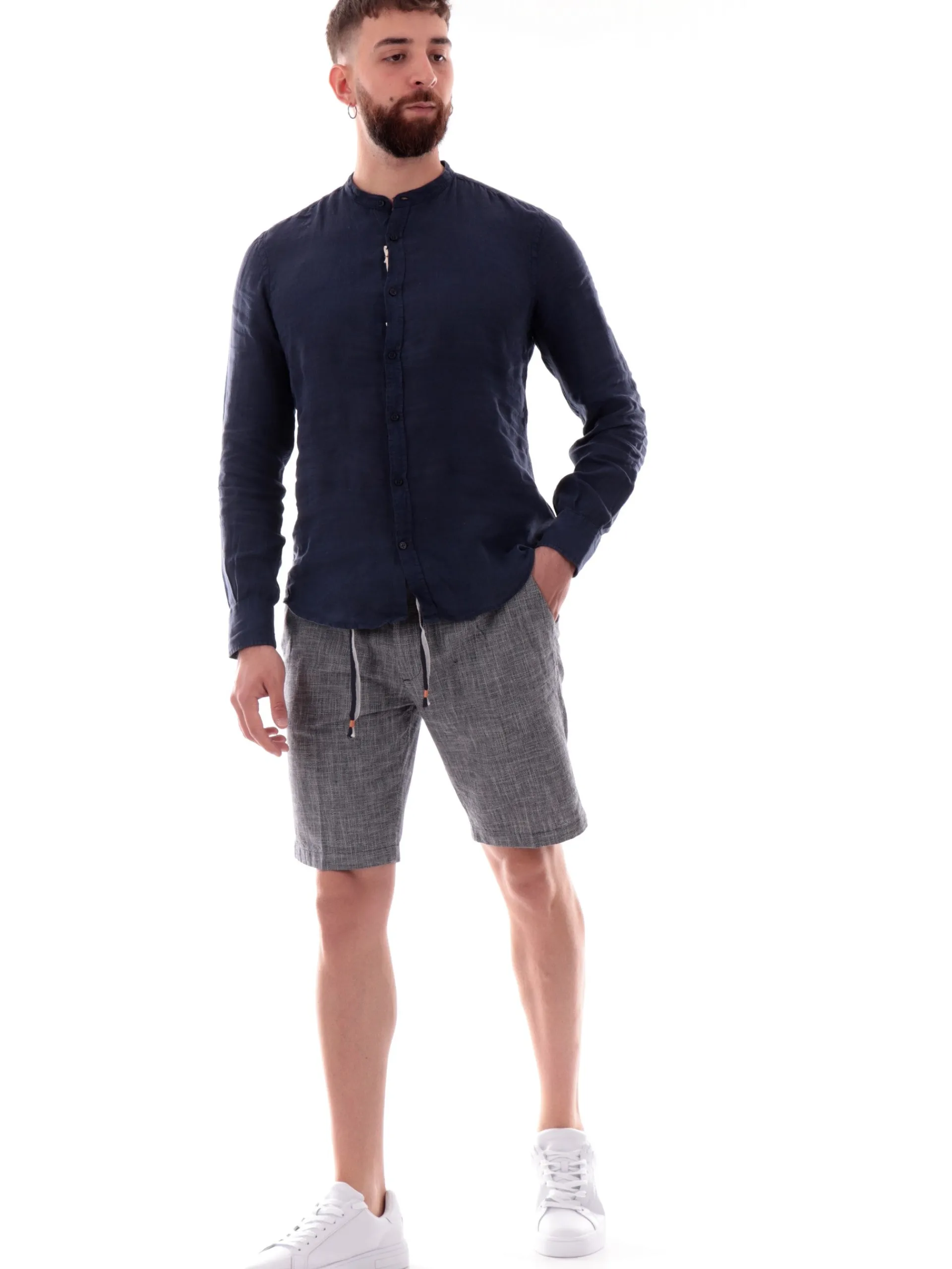 MANIFATTURA BORGHESE Camicie*Camicia lino coreana Borghese blu da uomo in lino 5SCA0209LI101