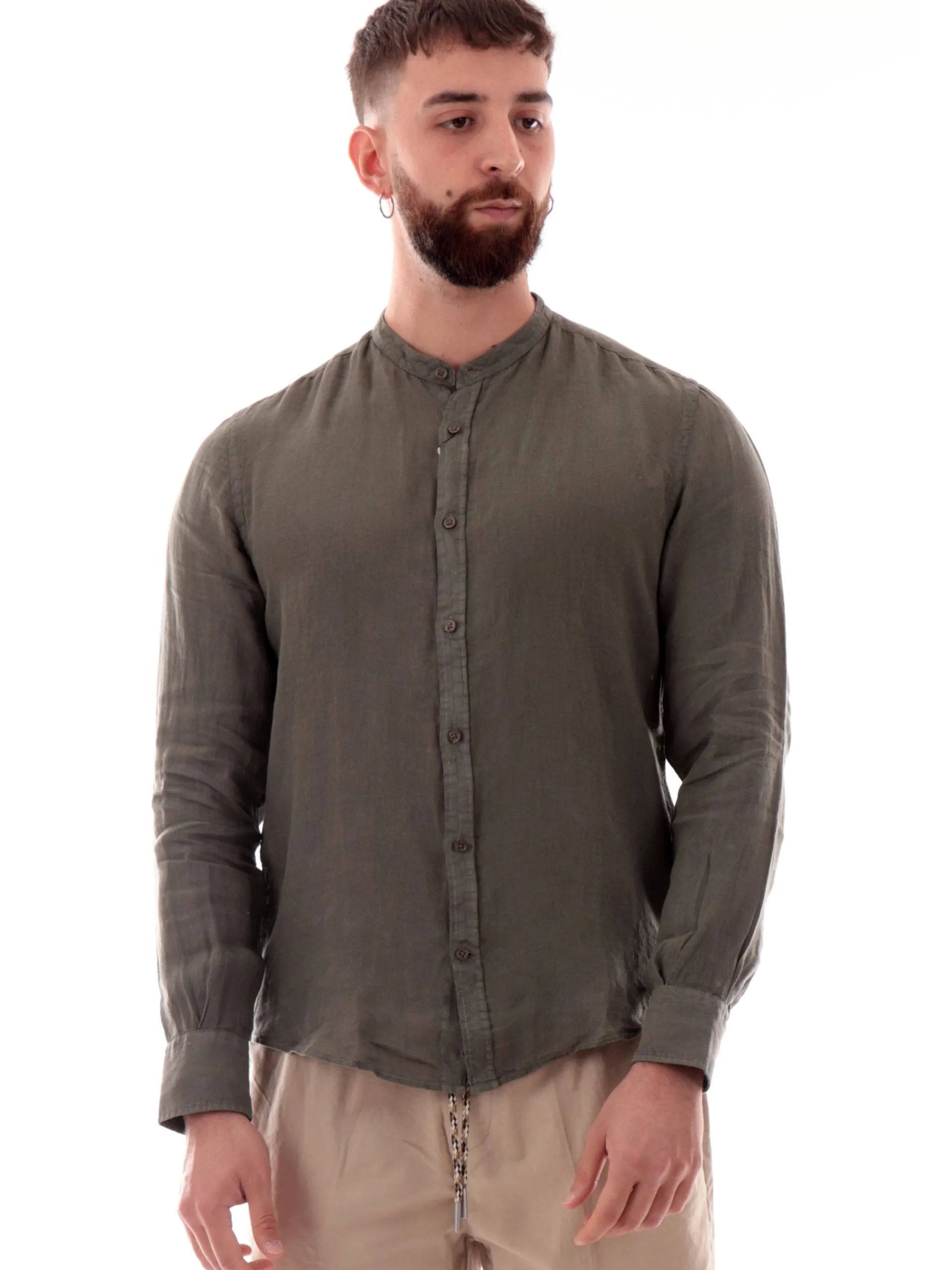 MANIFATTURA BORGHESE Camicie*Camicia lino coreana Borghese verde militare da uomo in lino 5SCA0209LI101