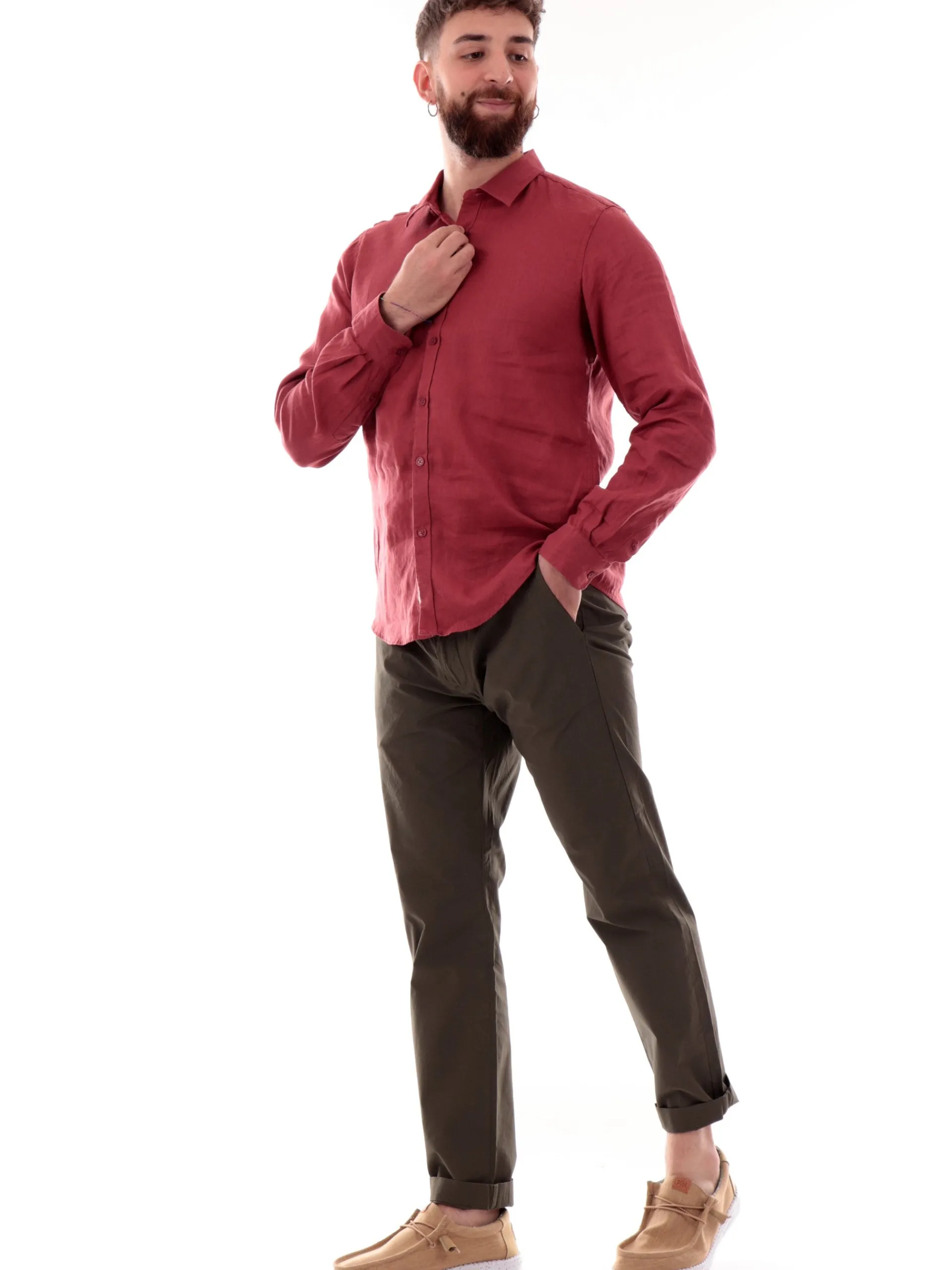 GIANNI LUPO Camicie*Camicia lino rossa da uomo colletto francese GL7610SS25