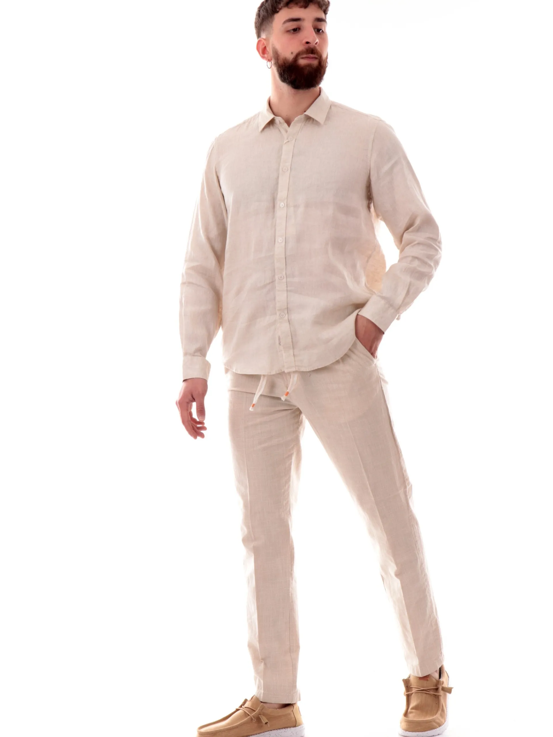 GIANNI LUPO Camicie*Camicia lino beige da uomo colletto francese GL7610SS25
