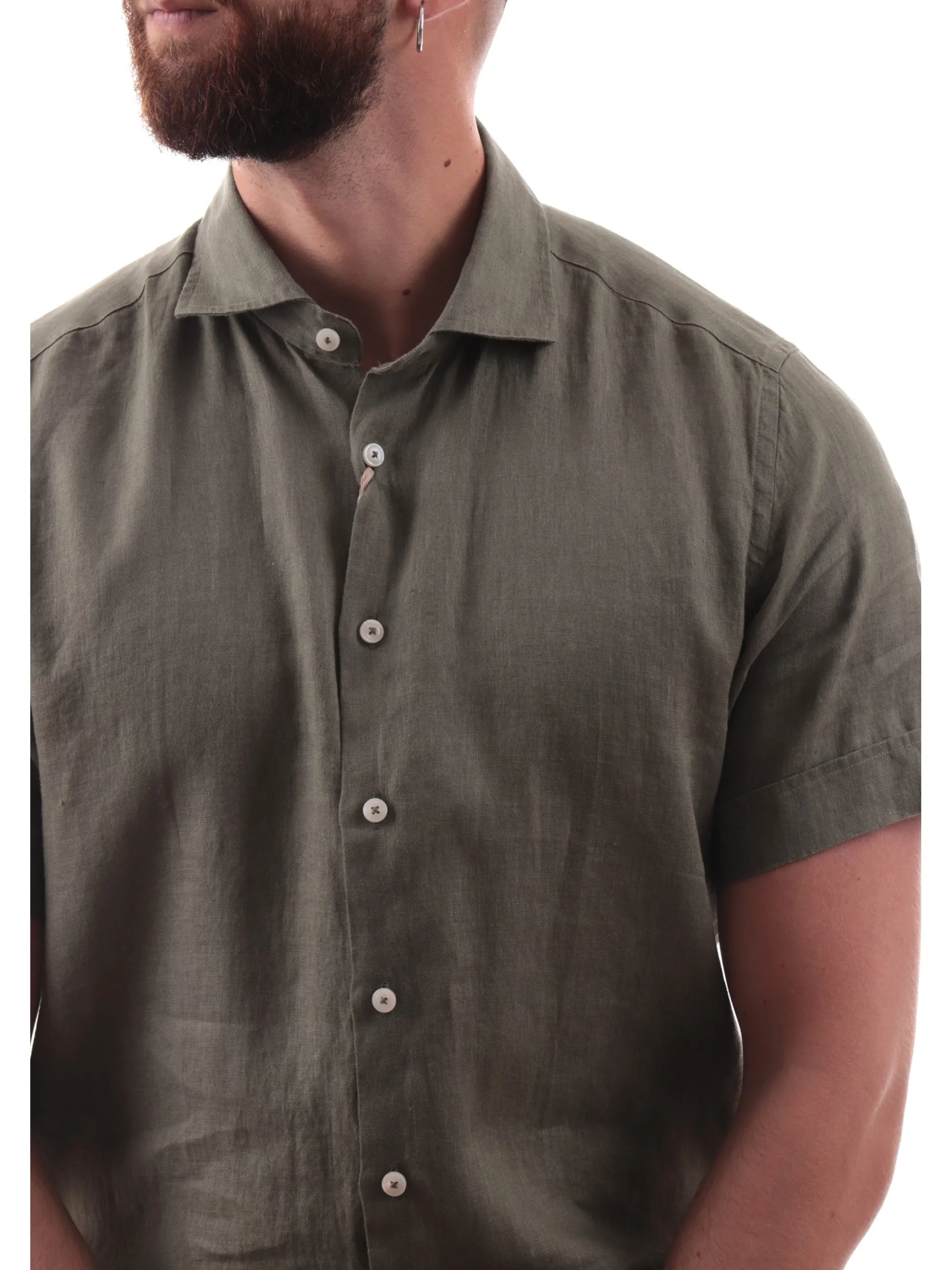 BASTONCINO Camicie*Camicia lino verde militare Maniche corte 100% lino B05010 MC
