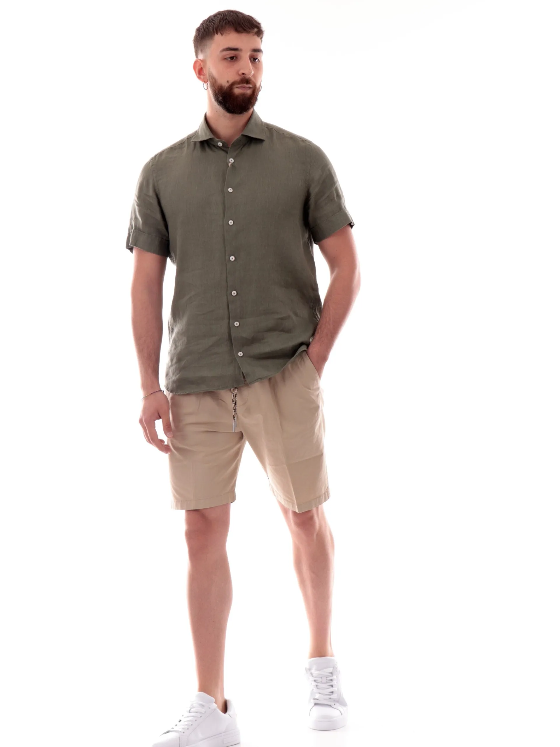 BASTONCINO Camicie*Camicia lino verde militare Maniche corte 100% lino B05010 MC