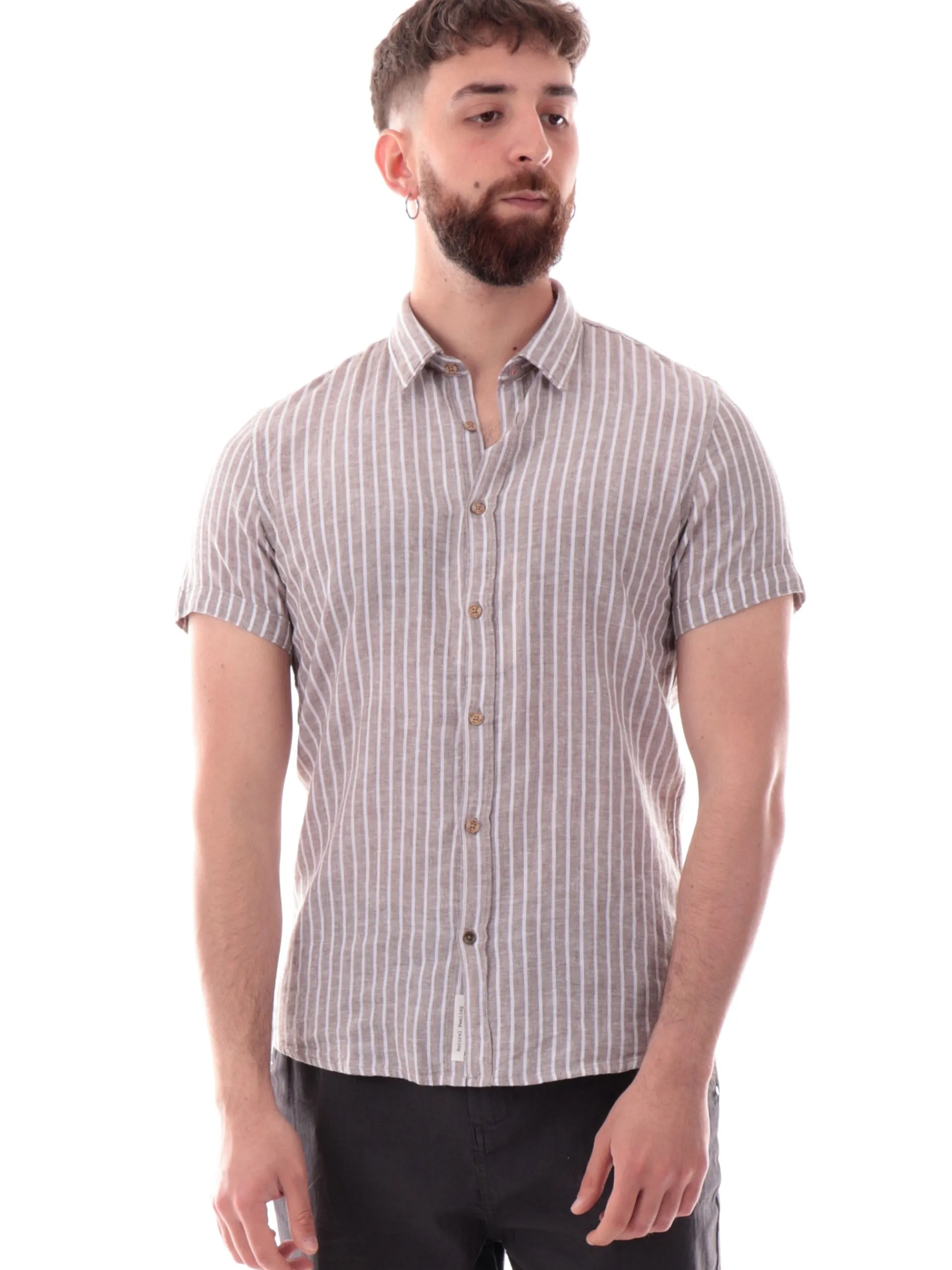 YES ZEE Camicie*Camicia lino beige a righe bianche da uomo C721UA00