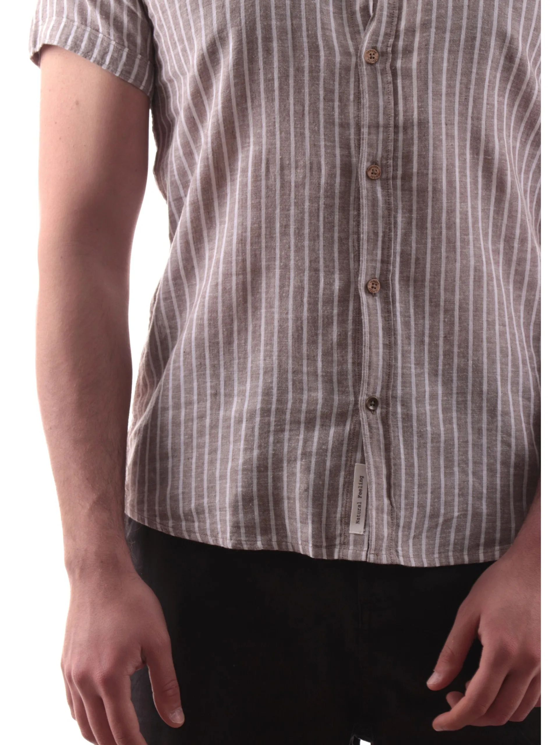 YES ZEE Camicie*Camicia lino beige a righe bianche da uomo C721UA00