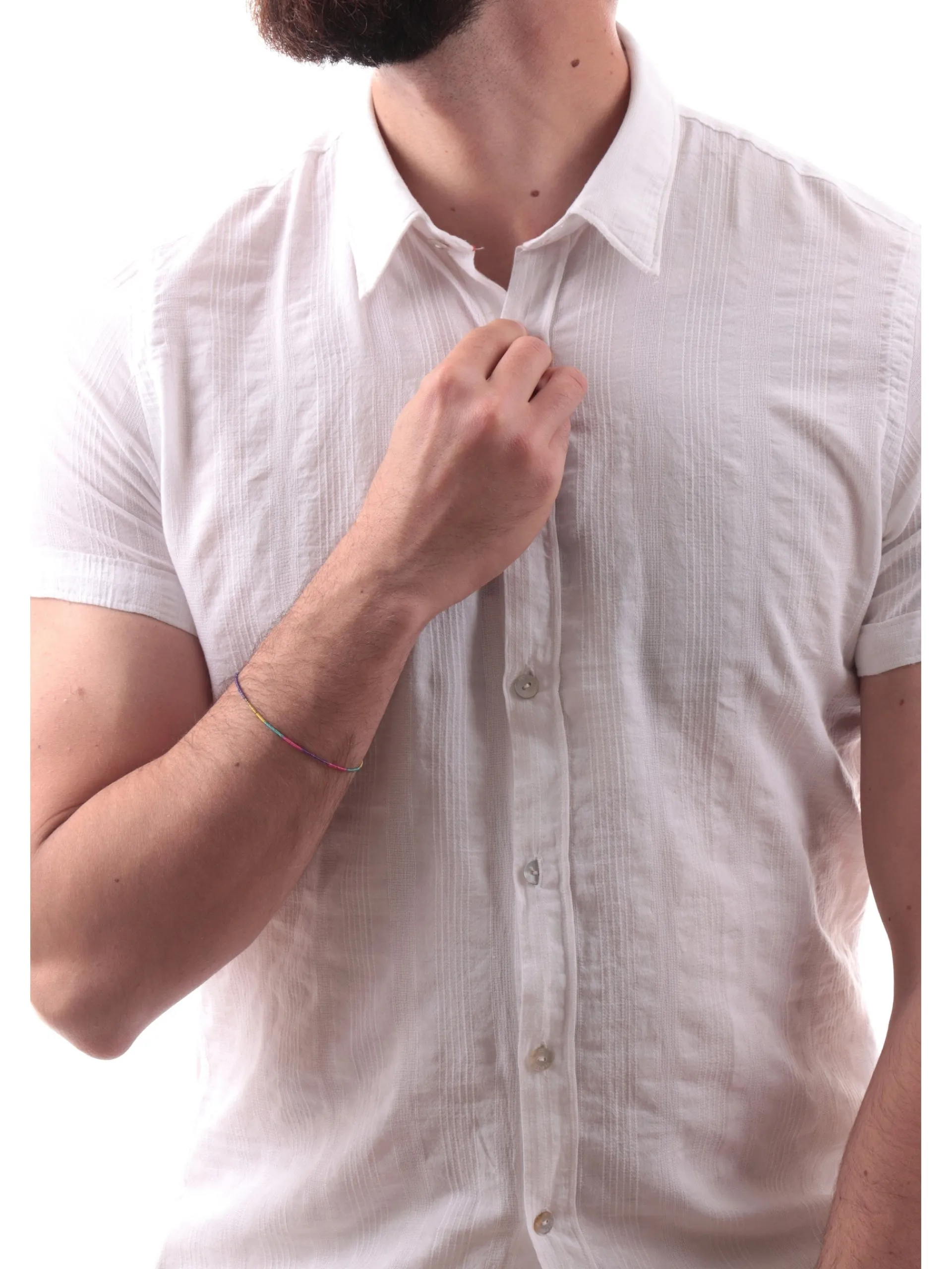 YES ZEE Camicie*Camicia lino bianca rigata da uomo maniche corte C721UC00