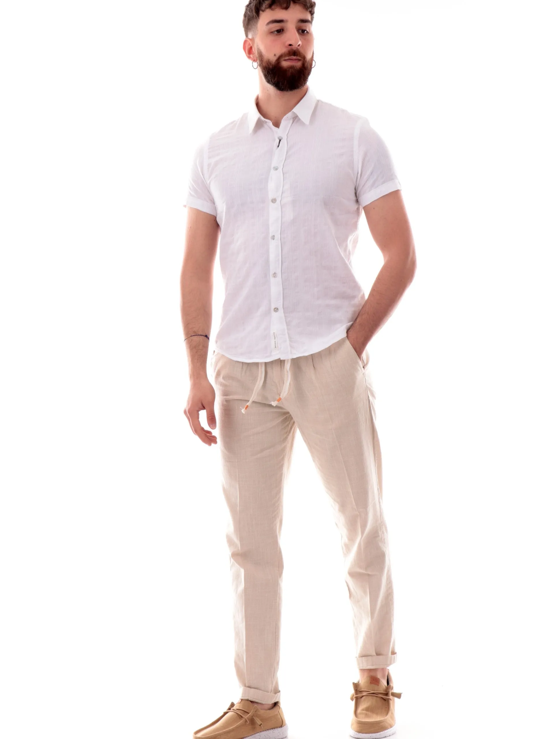 YES ZEE Camicie*Camicia lino bianca rigata da uomo maniche corte C721UC00