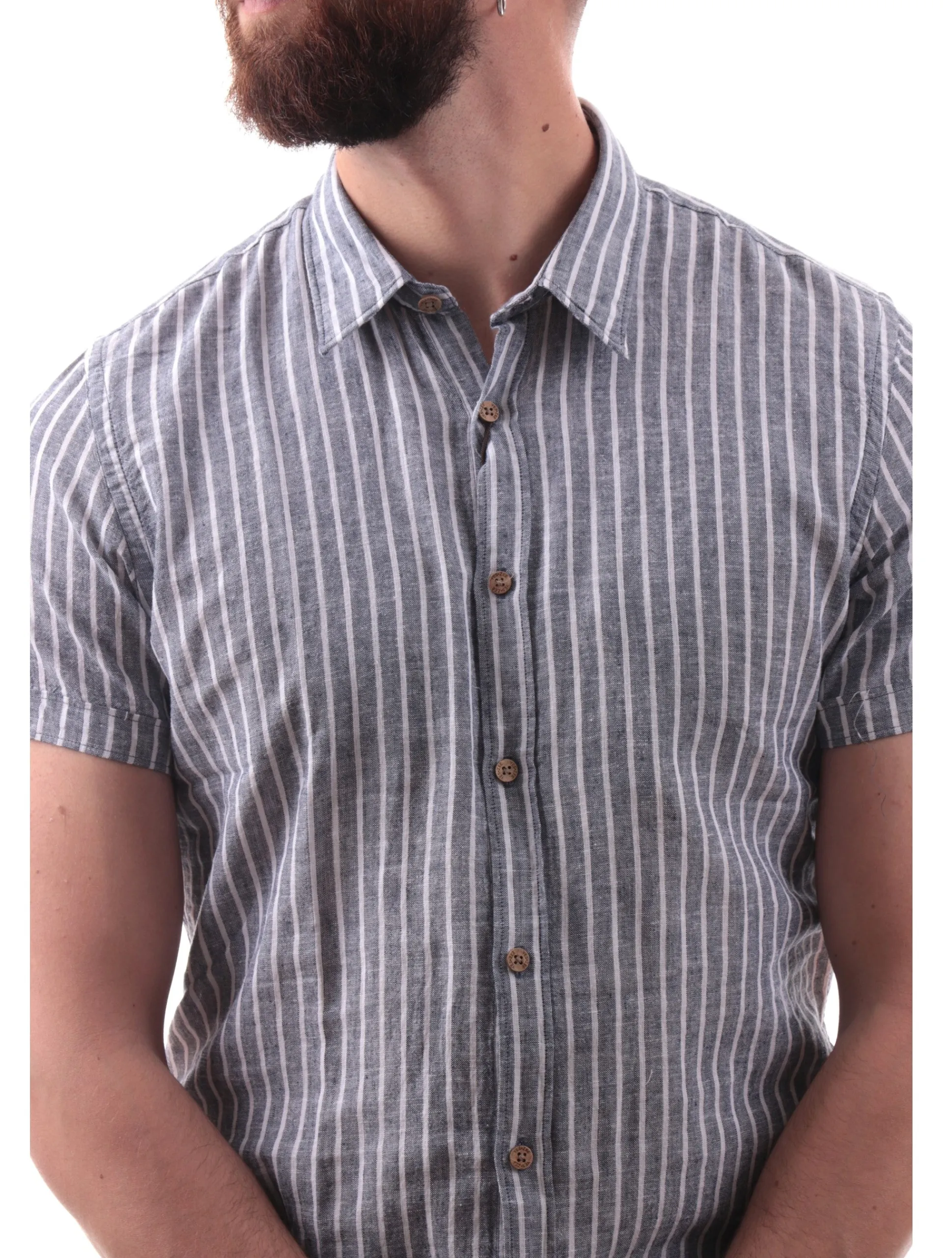 YES ZEE Camicie*Camicia lino blu a righe bianche da uomo C721UA00