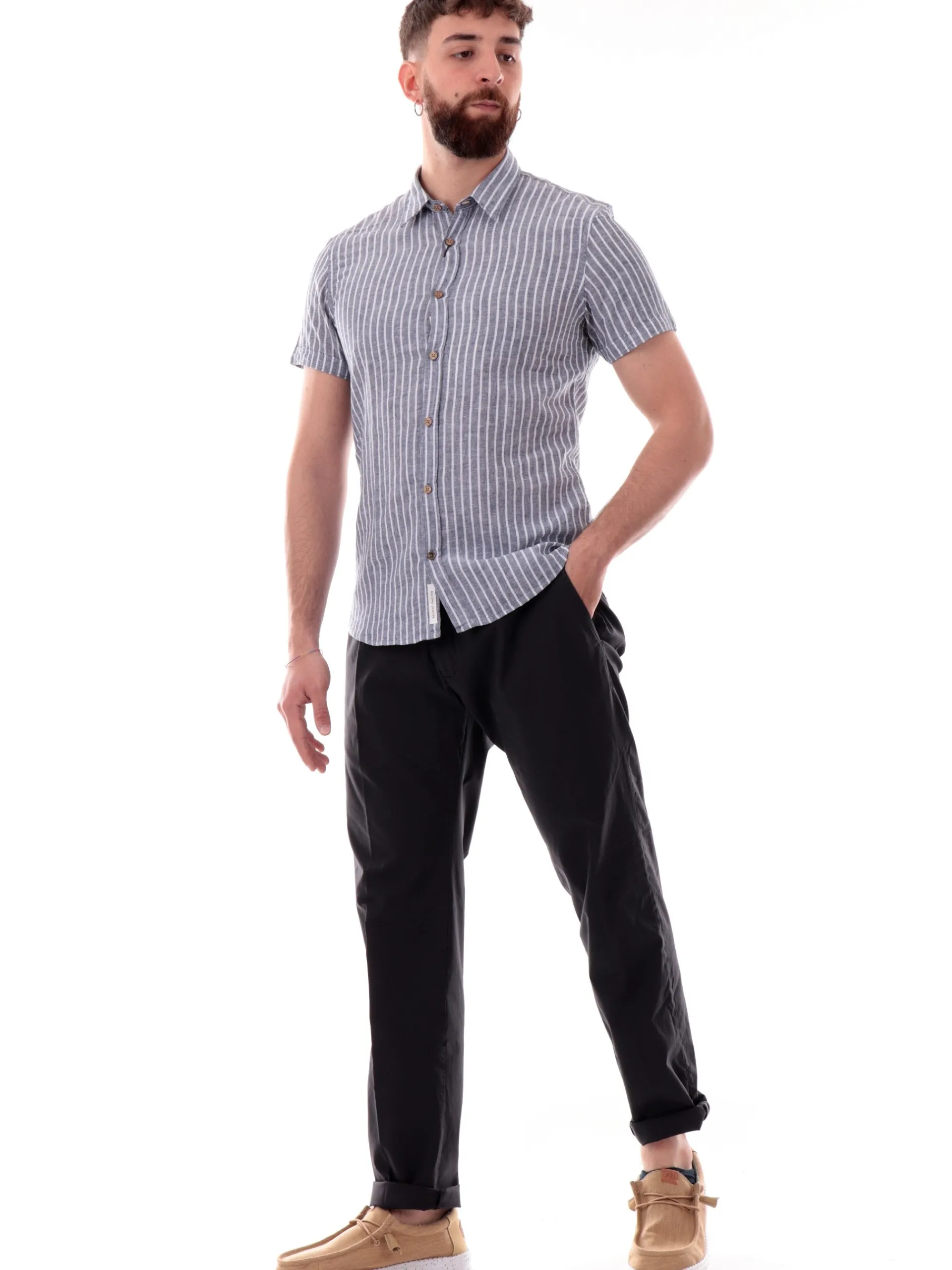 YES ZEE Camicie*Camicia lino blu a righe bianche da uomo C721UA00