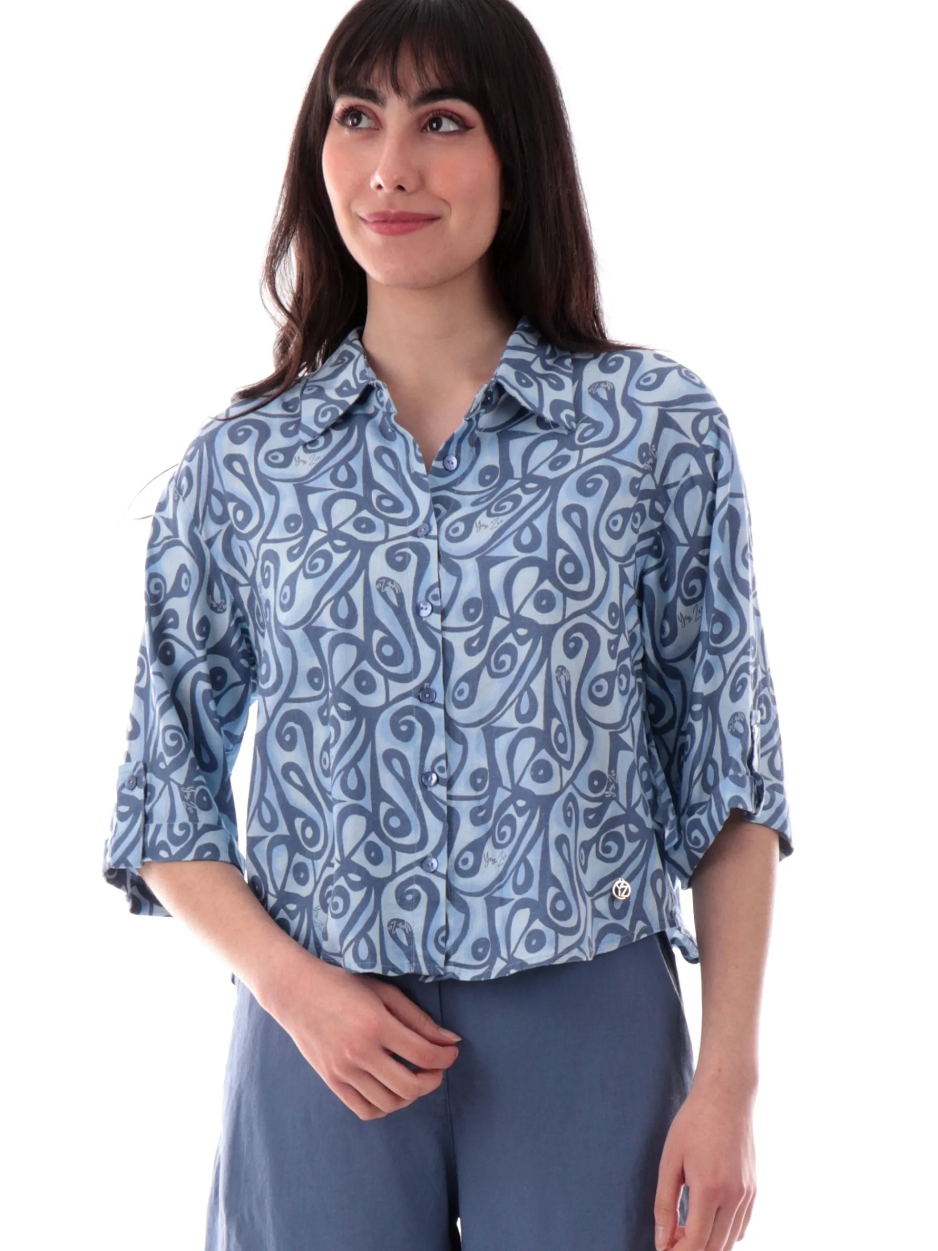 YES ZEE Top & Camicie*Camicia lino blu da donna fantasia foulard C400V900