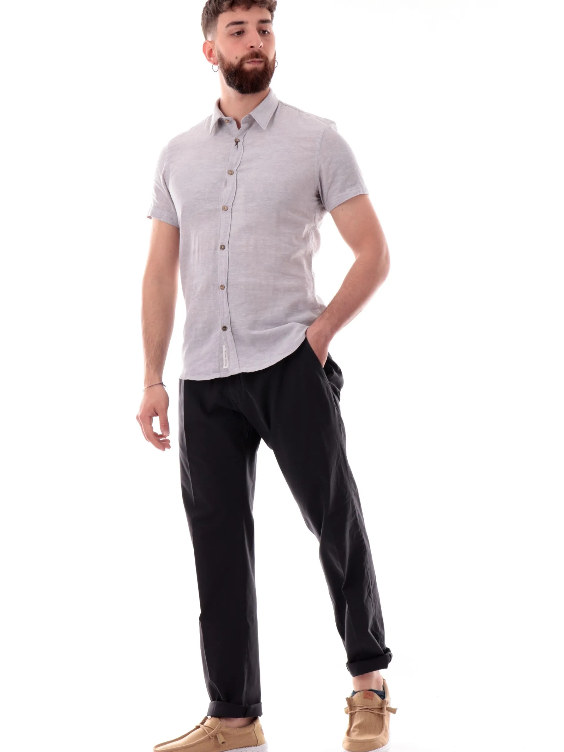 YES ZEE Camicie*Camicia lino grigia da uomo maniche corte C721UM00