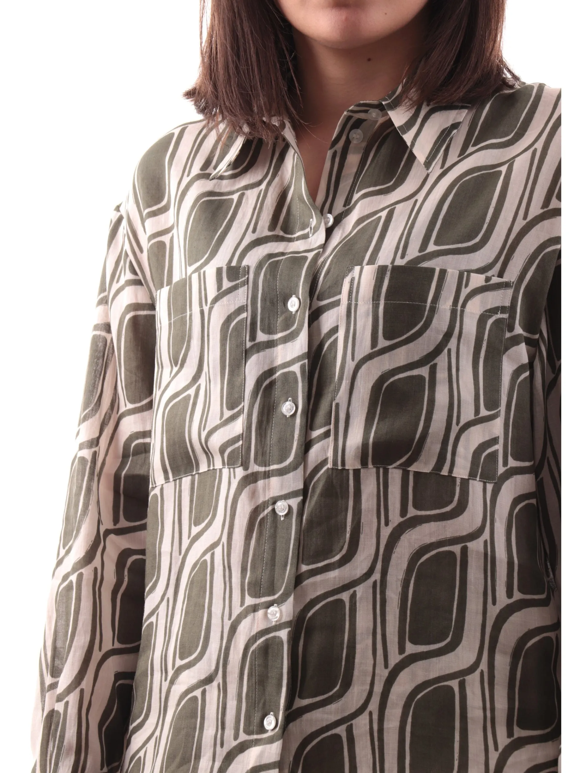 LIU JO MILANO Top & Camicie*Camicia Liu Jo verde militare e bianca da donna con tasche fantasia foliage in ramia