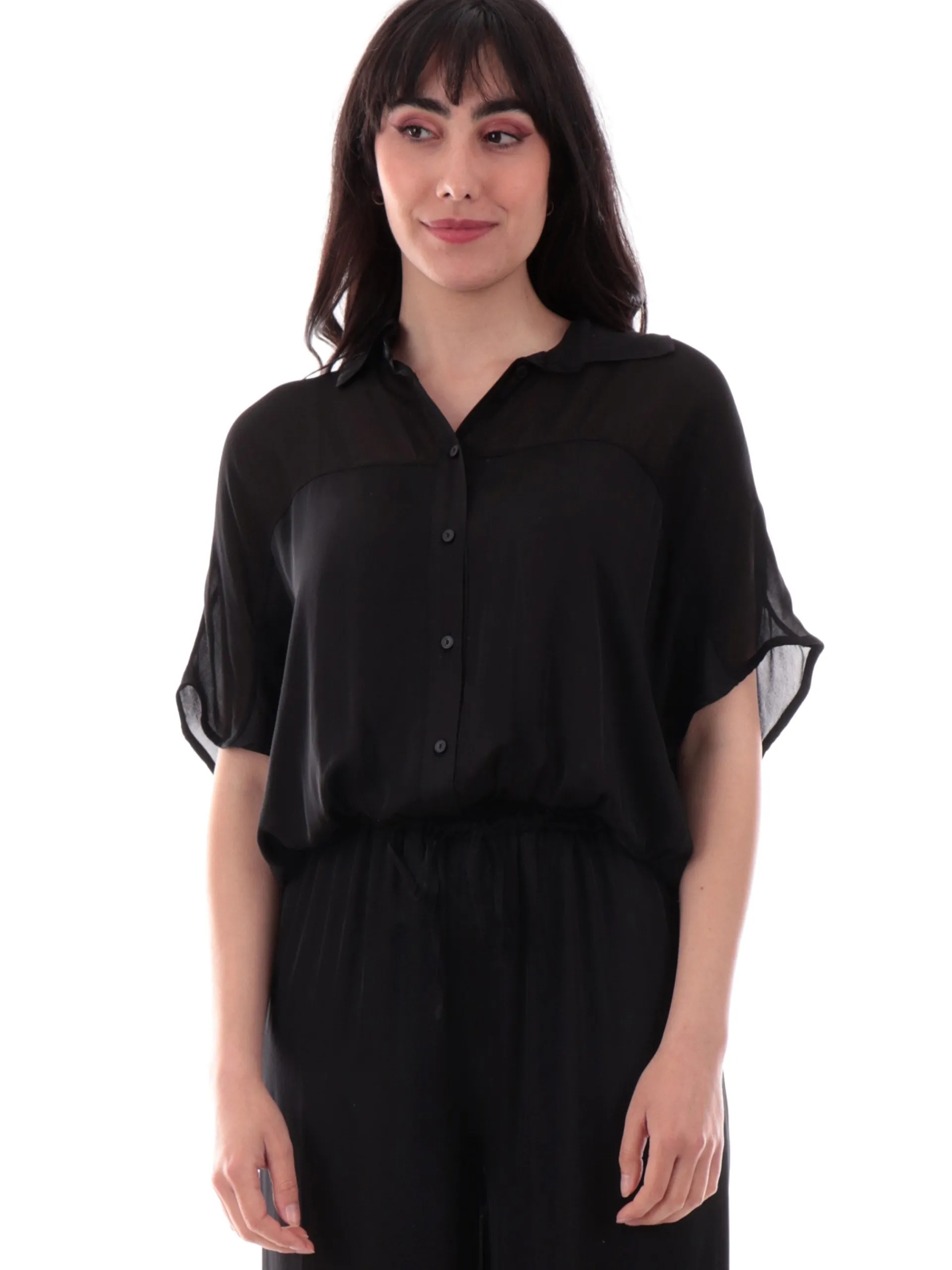 MANILA GRACE Top & Camicie*Camicia beige raso nero da donna con inserti in velo C048VUMA001