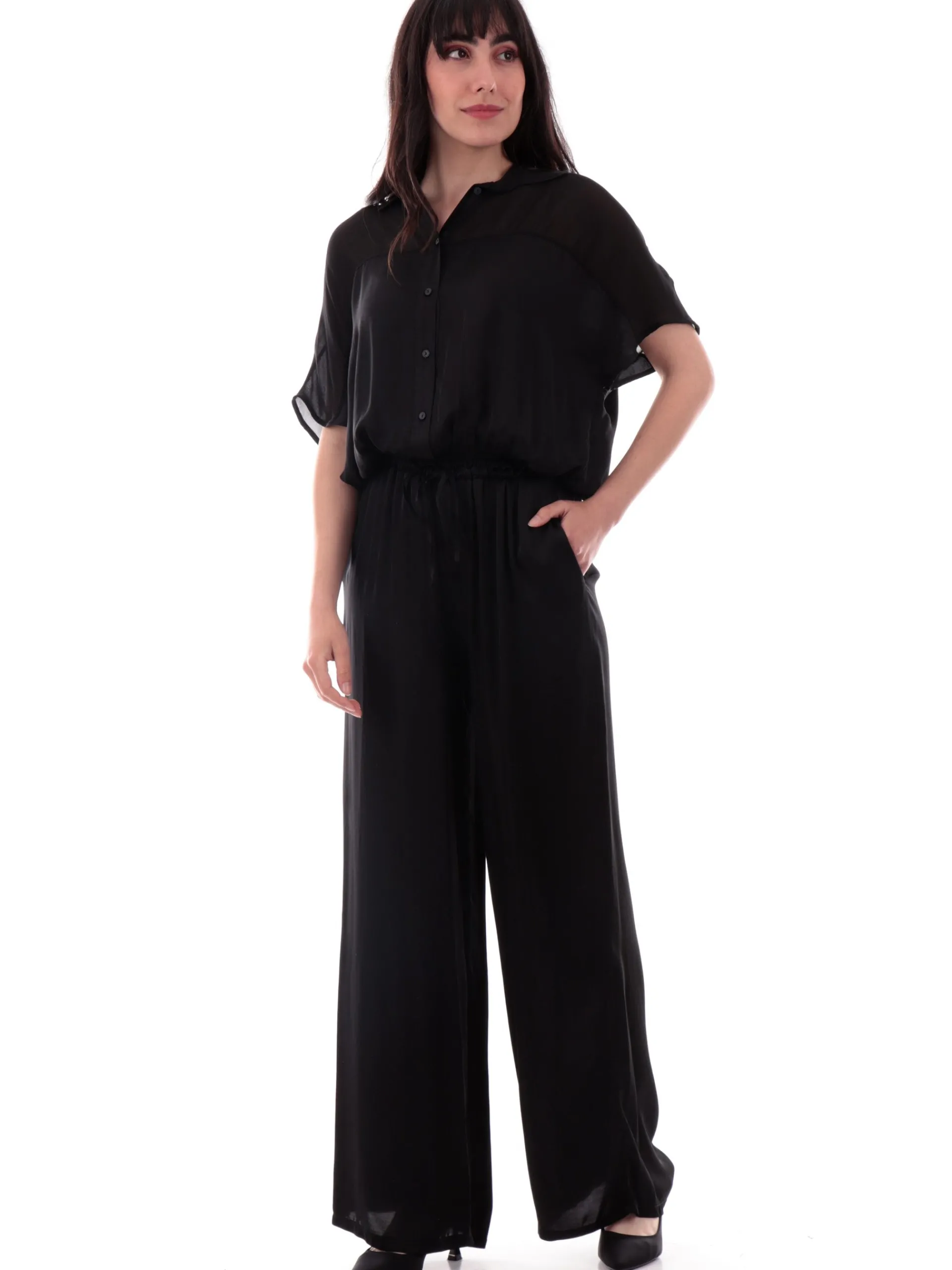 MANILA GRACE Top & Camicie*Camicia beige raso nero da donna con inserti in velo C048VUMA001