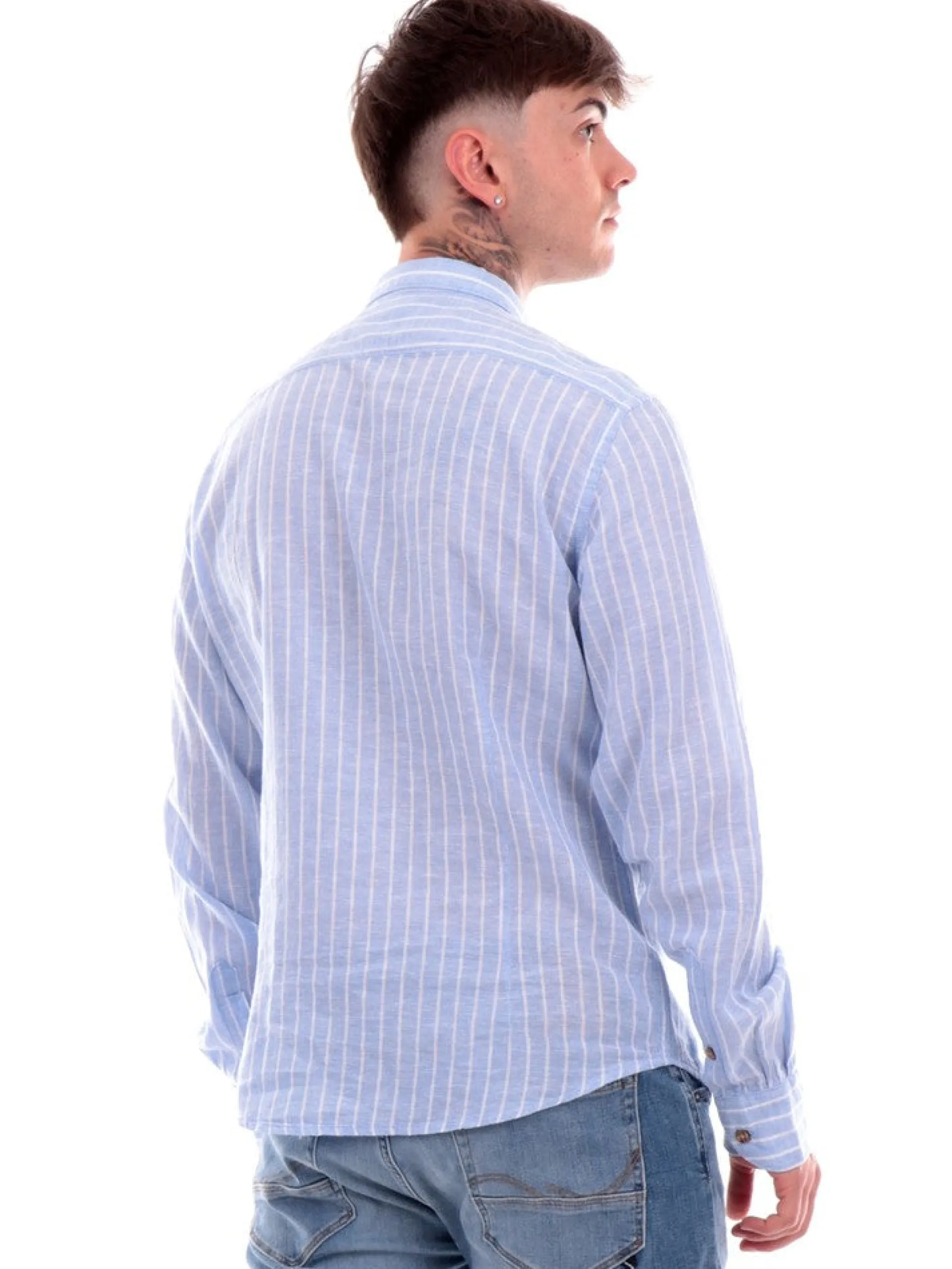 YES ZEE Camicie*Camicia celeste a righe da uomo C521UA002