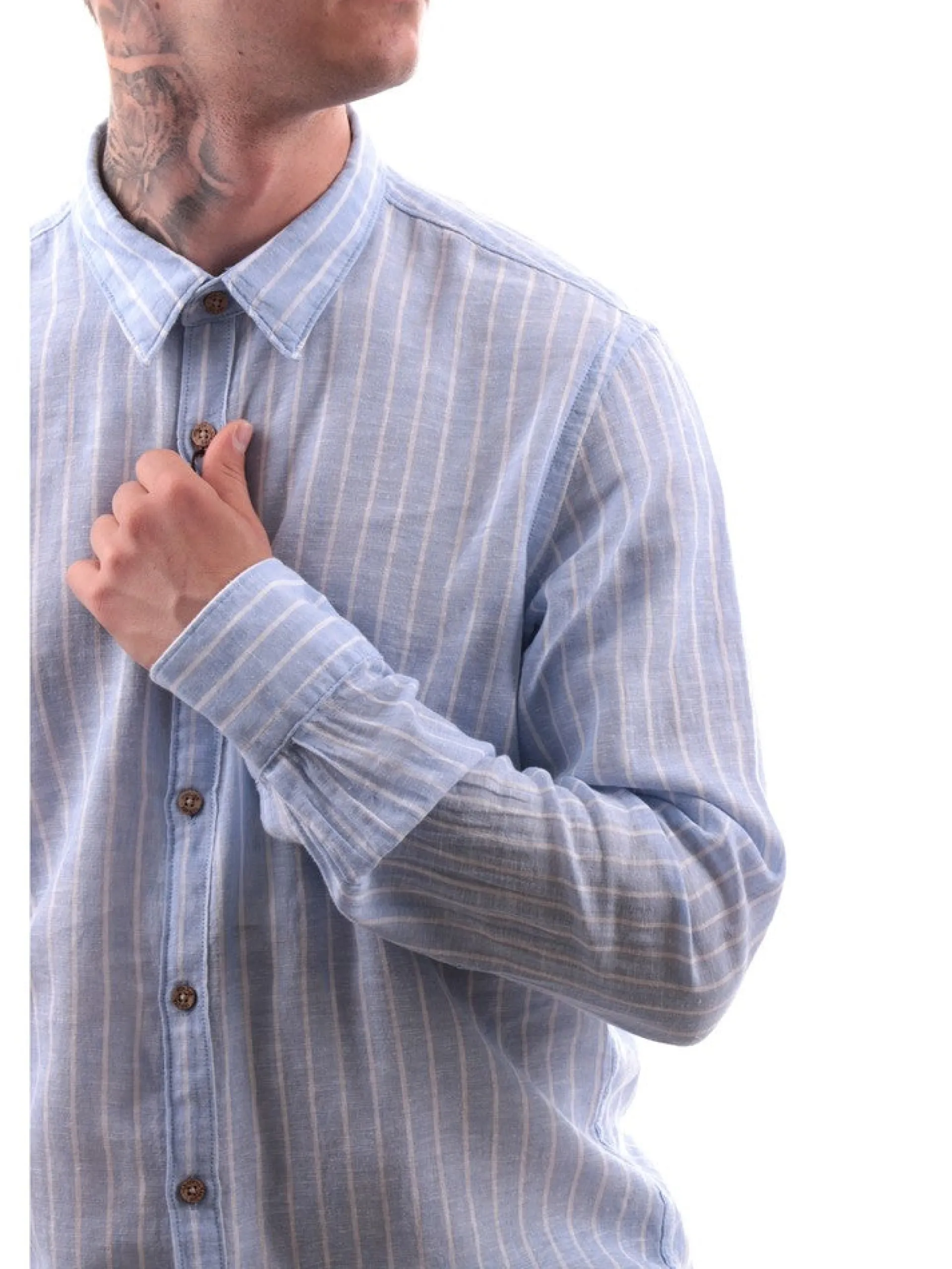 YES ZEE Camicie*Camicia celeste a righe da uomo C521UA002