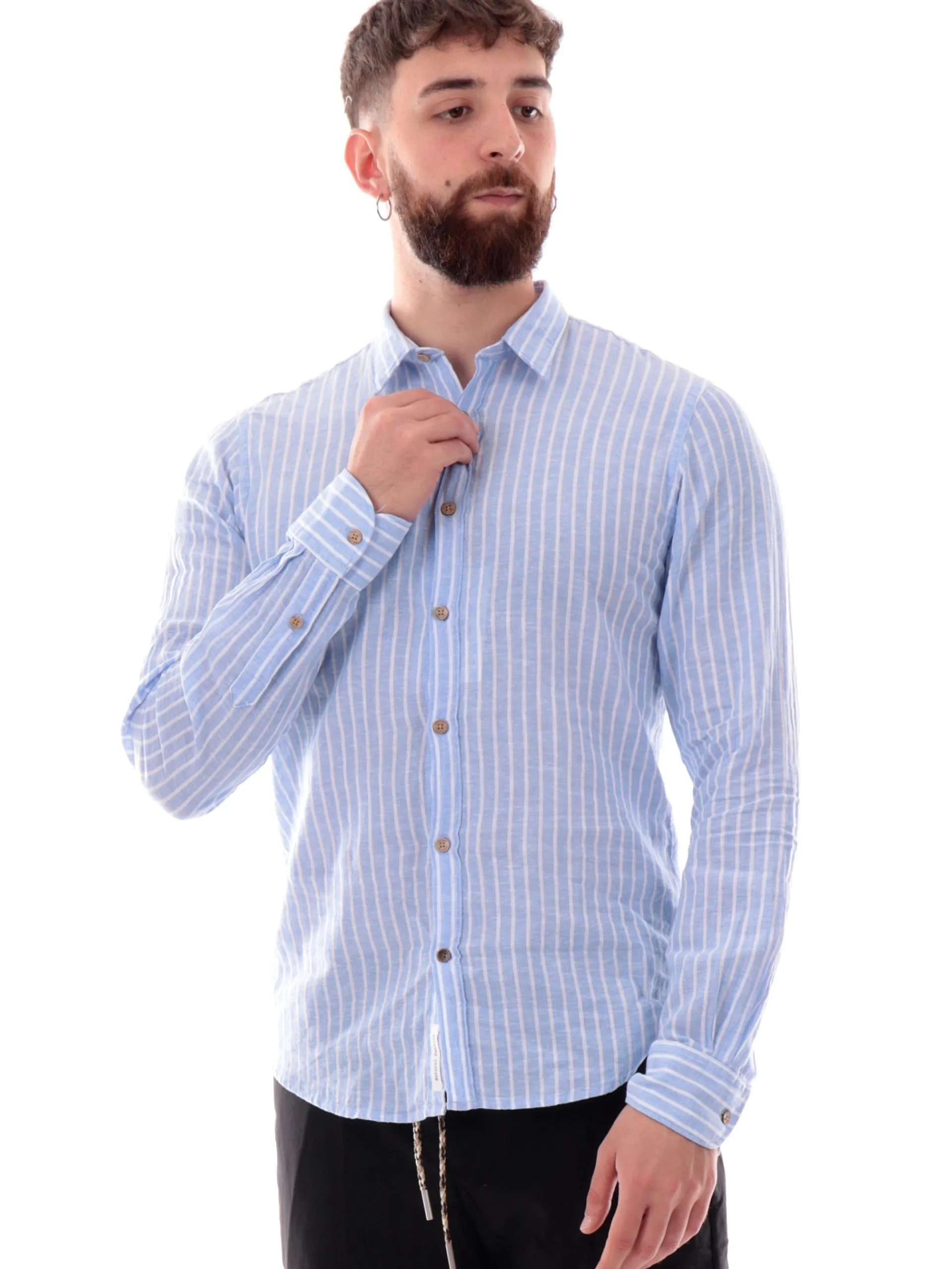 YES ZEE Camicie*Camicia maniche lunghe in lino a righe Celeste e bianche C521UA002700