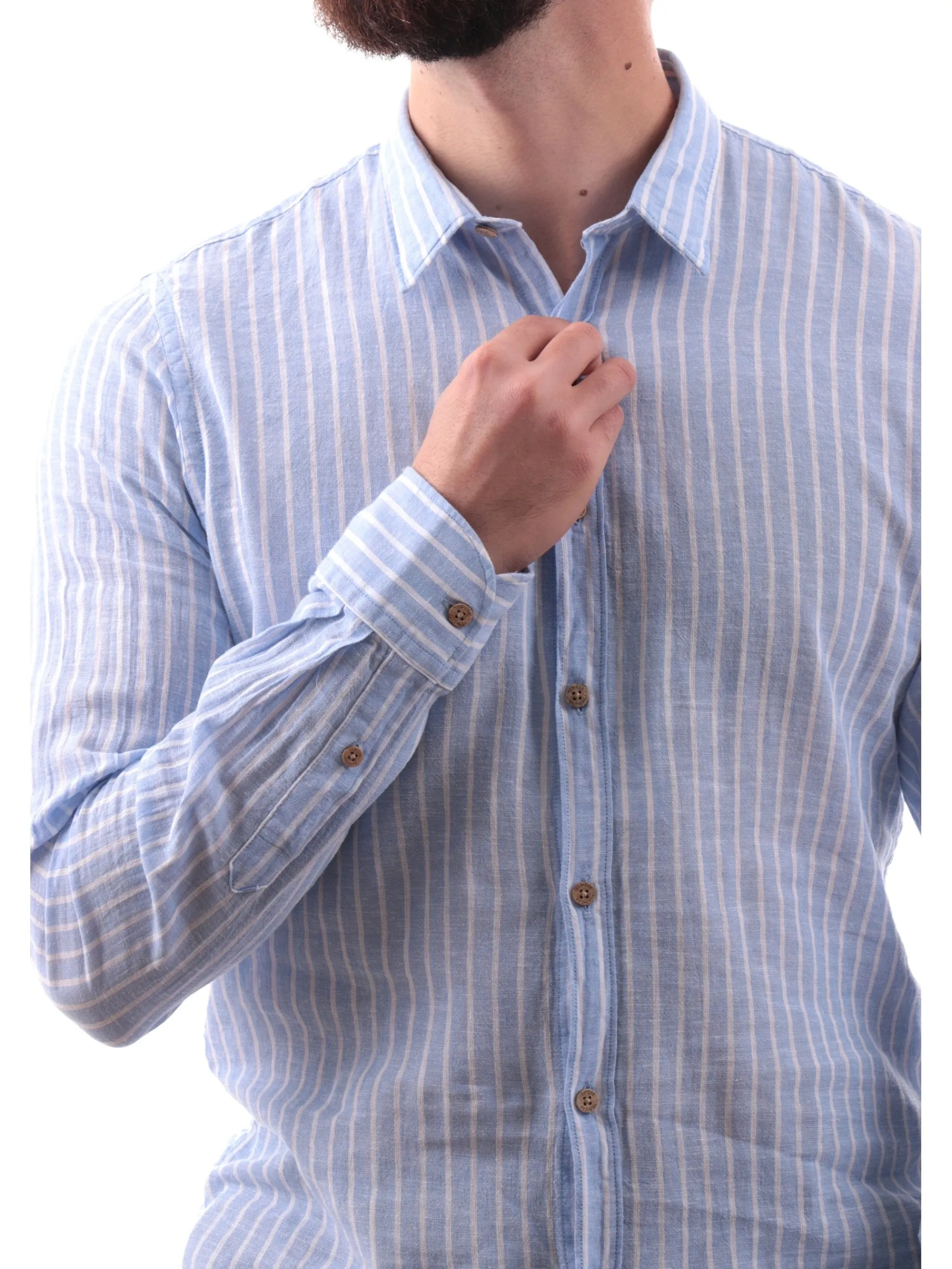 YES ZEE Camicie*Camicia maniche lunghe in lino a righe Celeste e bianche C521UA002700