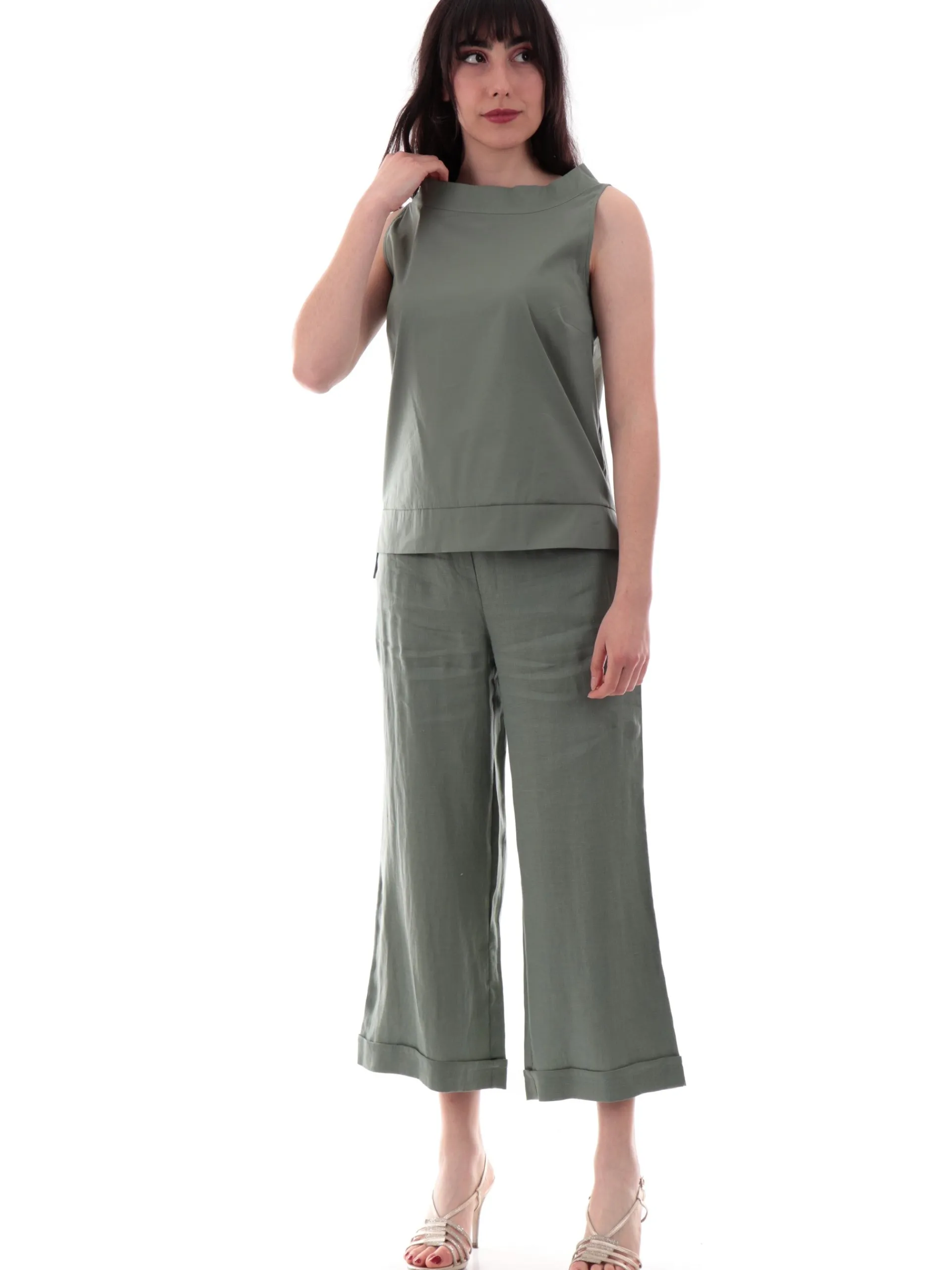 ANIS Maglie*Canotta White donna verde militare cotone scollo a barchetta 251C1092