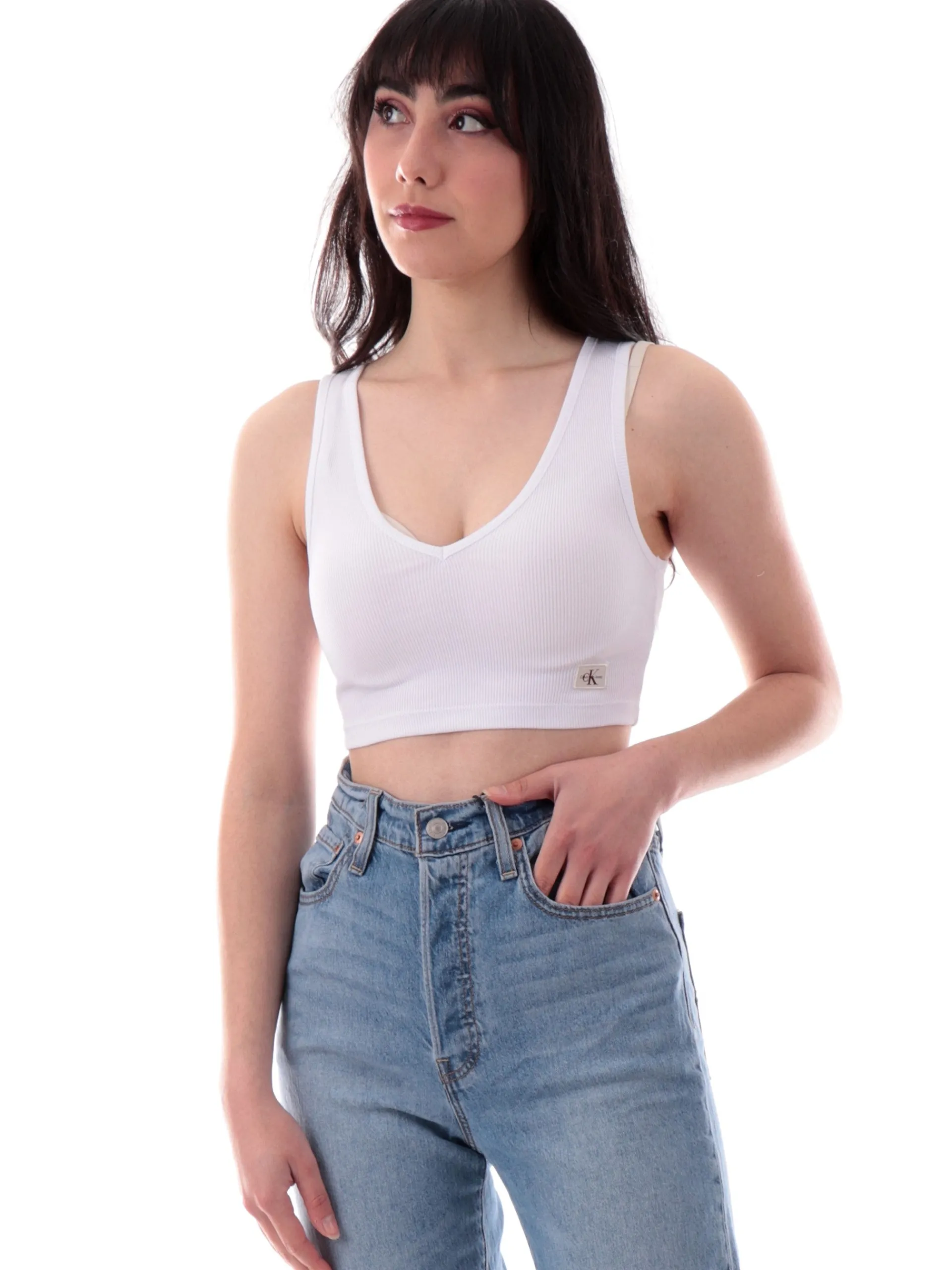 CALVIN KLEIN Maglie*Canotta crop Bianco da donna scollo a V a costine Bralette J20J225308 YAA
