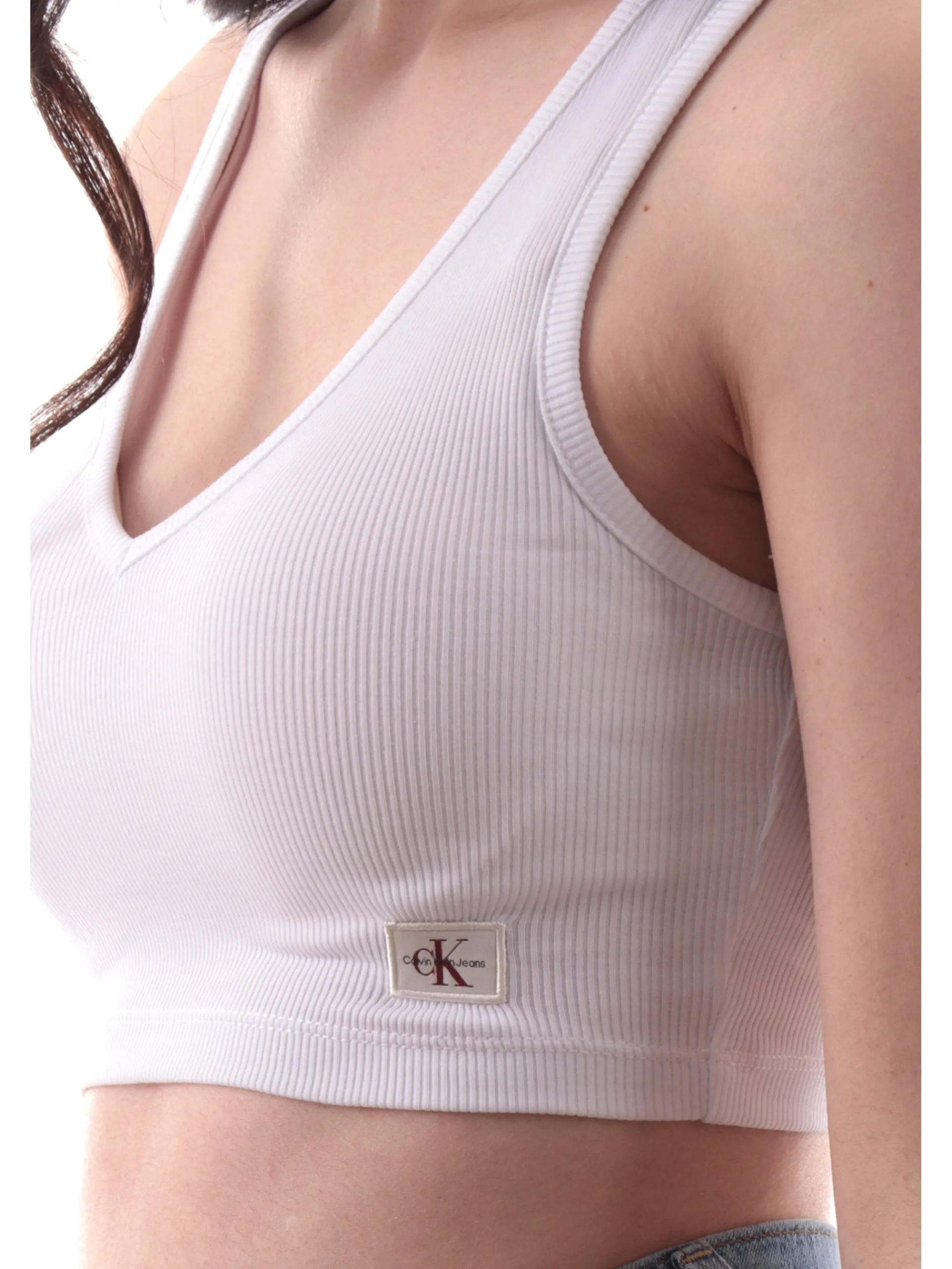 CALVIN KLEIN Maglie*Canotta crop Bianco da donna scollo a V a costine Bralette J20J225308 YAA