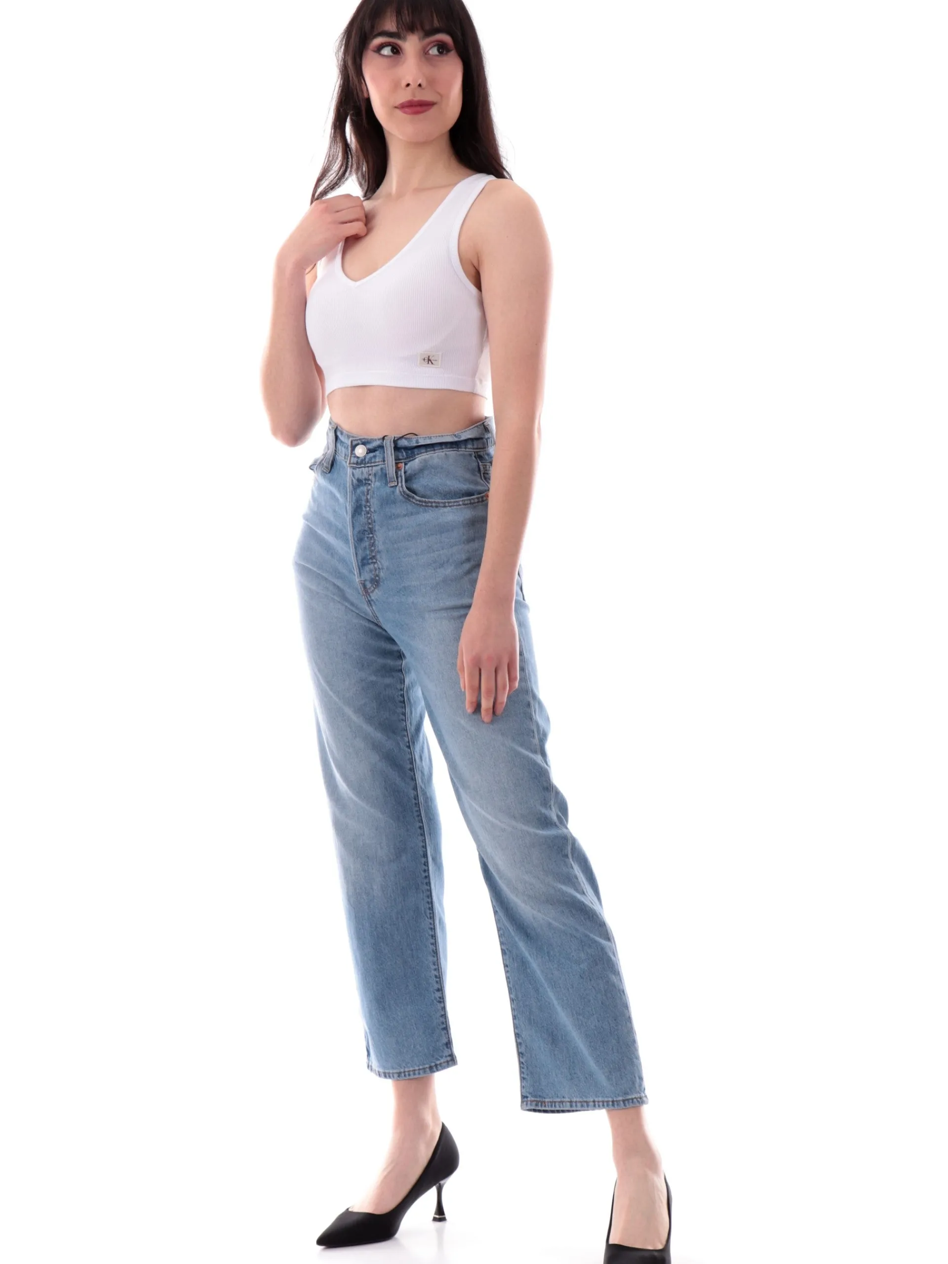 CALVIN KLEIN Maglie*Canotta crop Bianco da donna scollo a V a costine Bralette J20J225308 YAA