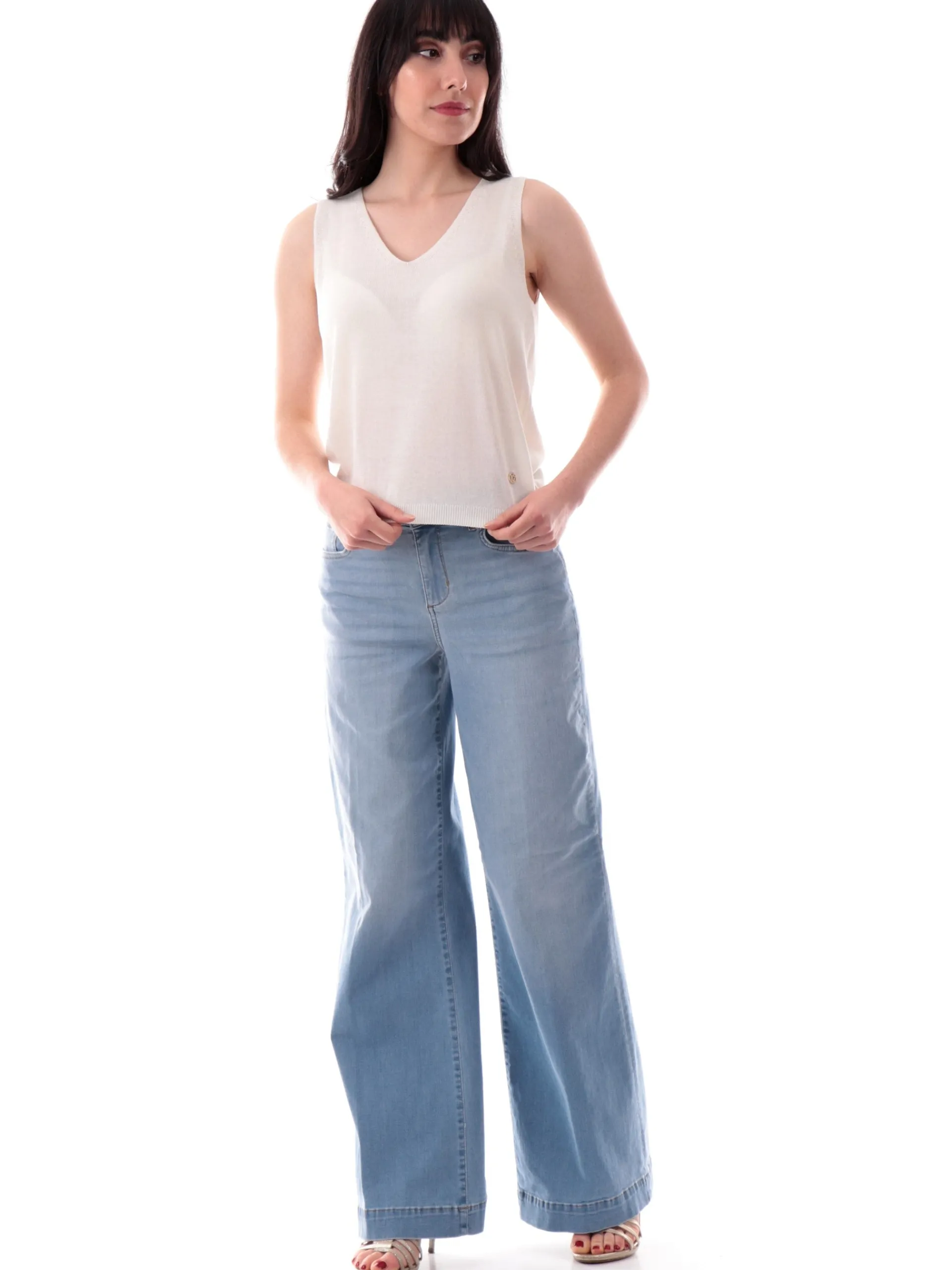 YES ZEE Maglie*Canotta filo lino bianca da donna scollo a V M232HF000101