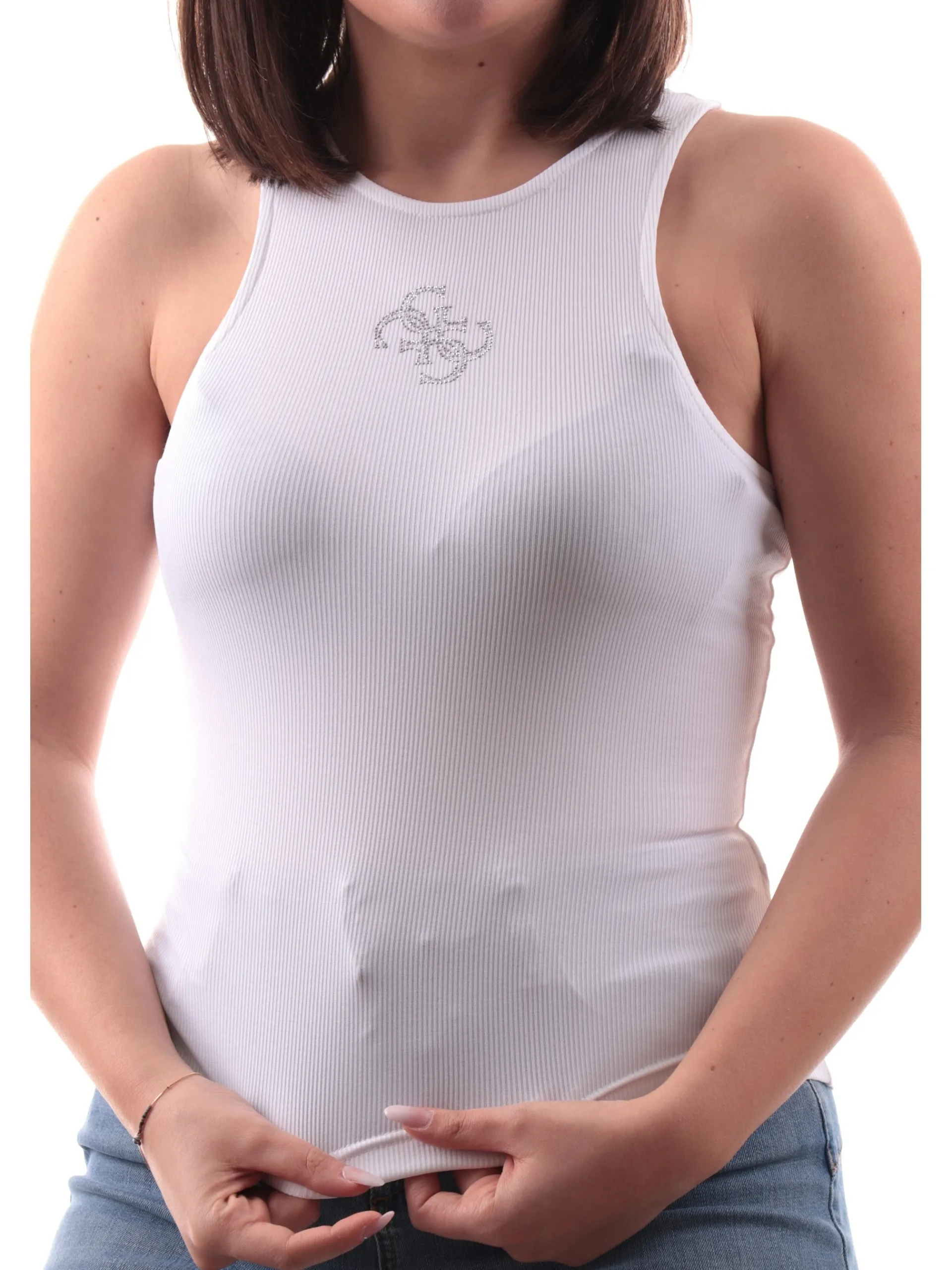 GUESS Maglie*Canotta a costine bianca da donna logo con strass W5GP57KCV52