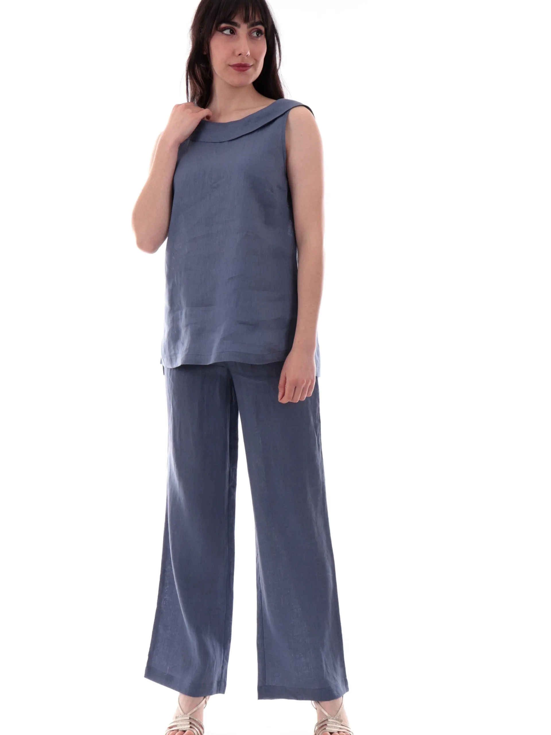 ANIS Maglie*Canotta lino blu scollo posteriore da donna vestibilità morbida 251C1362