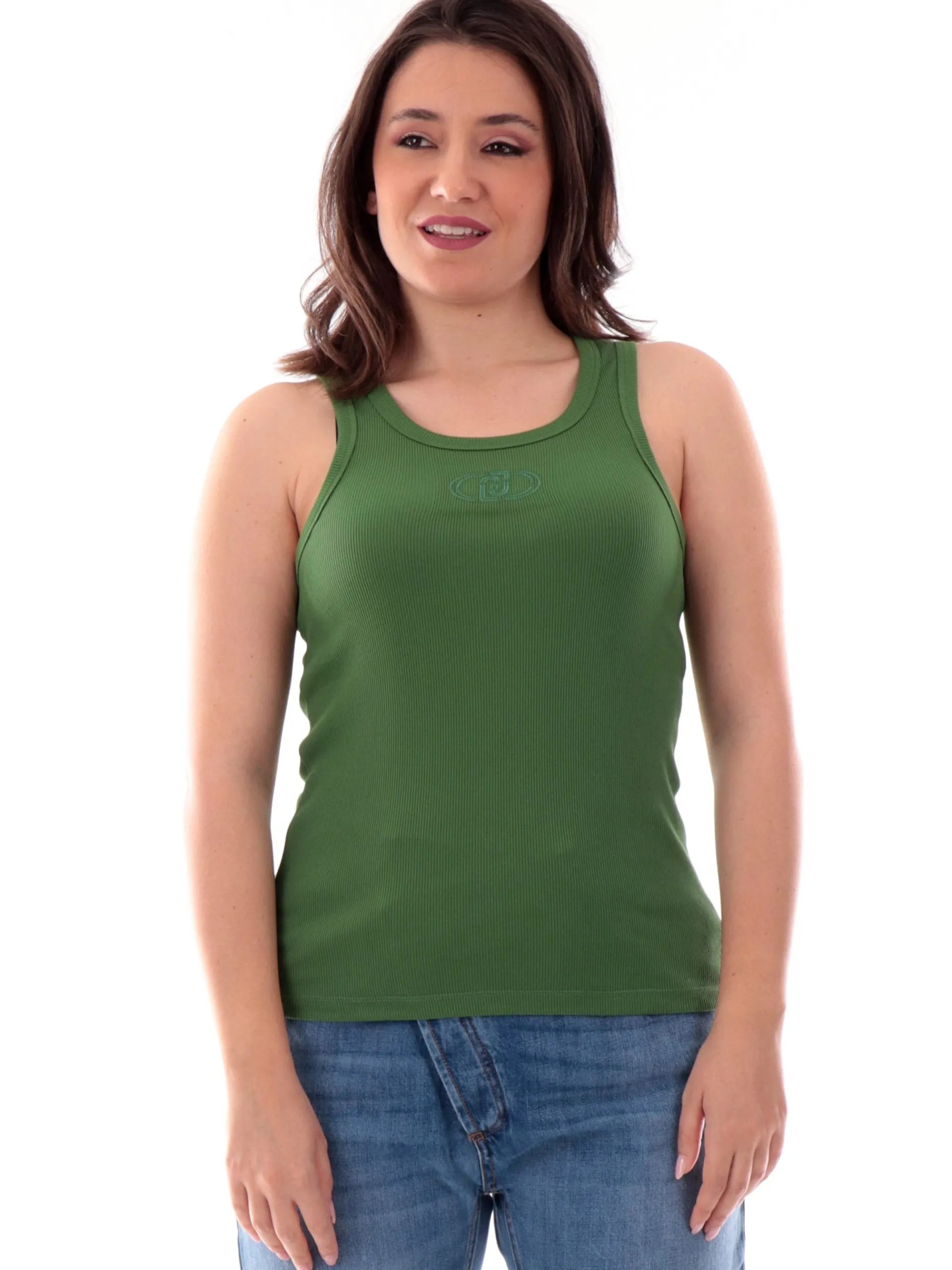 LIU JO MILANO T-Shirt*Canotta Liu Jo verde da donna a costine logo ricamato WA5367J0295