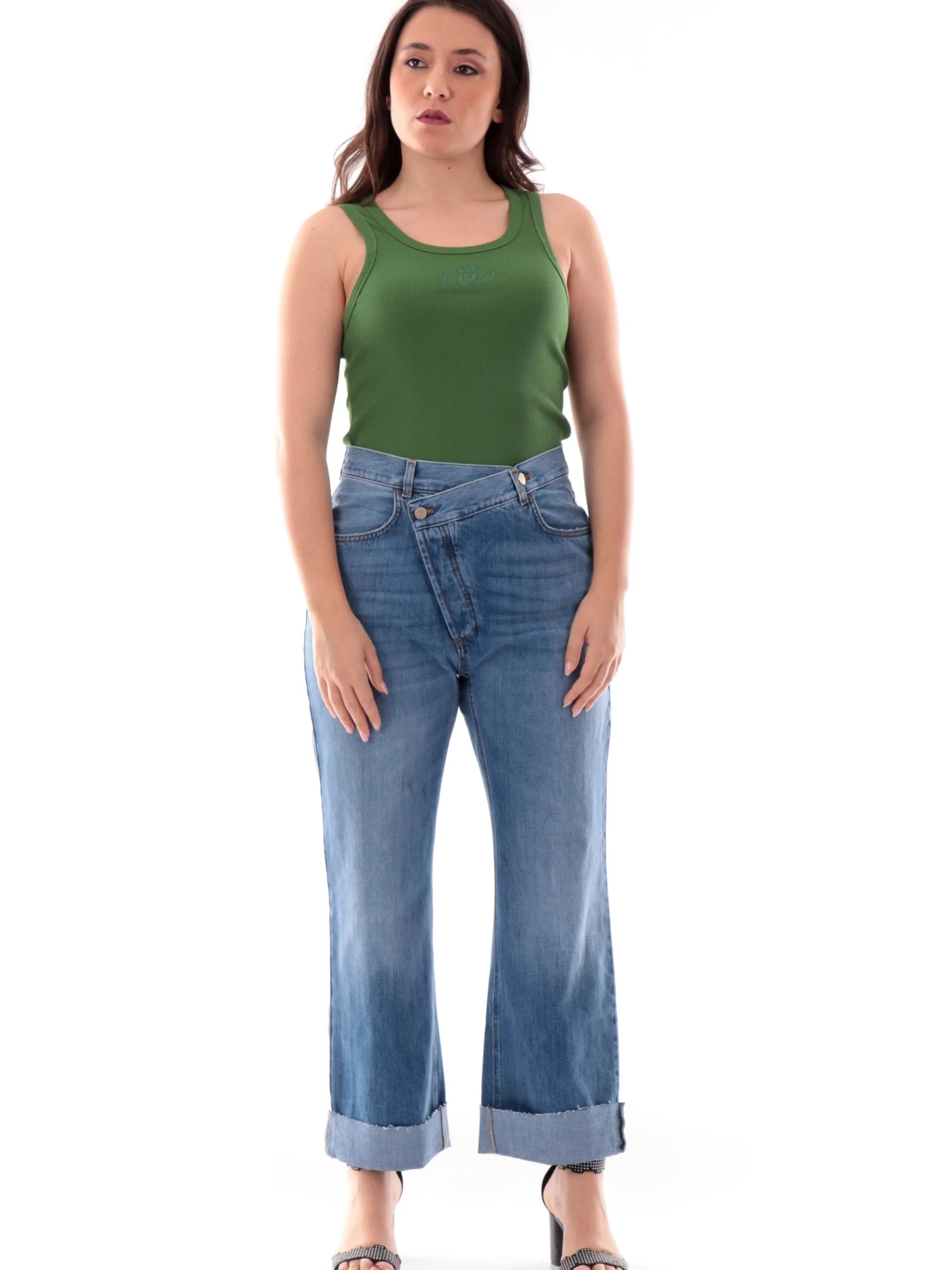 LIU JO MILANO T-Shirt*Canotta Liu Jo verde da donna a costine logo ricamato WA5367J0295