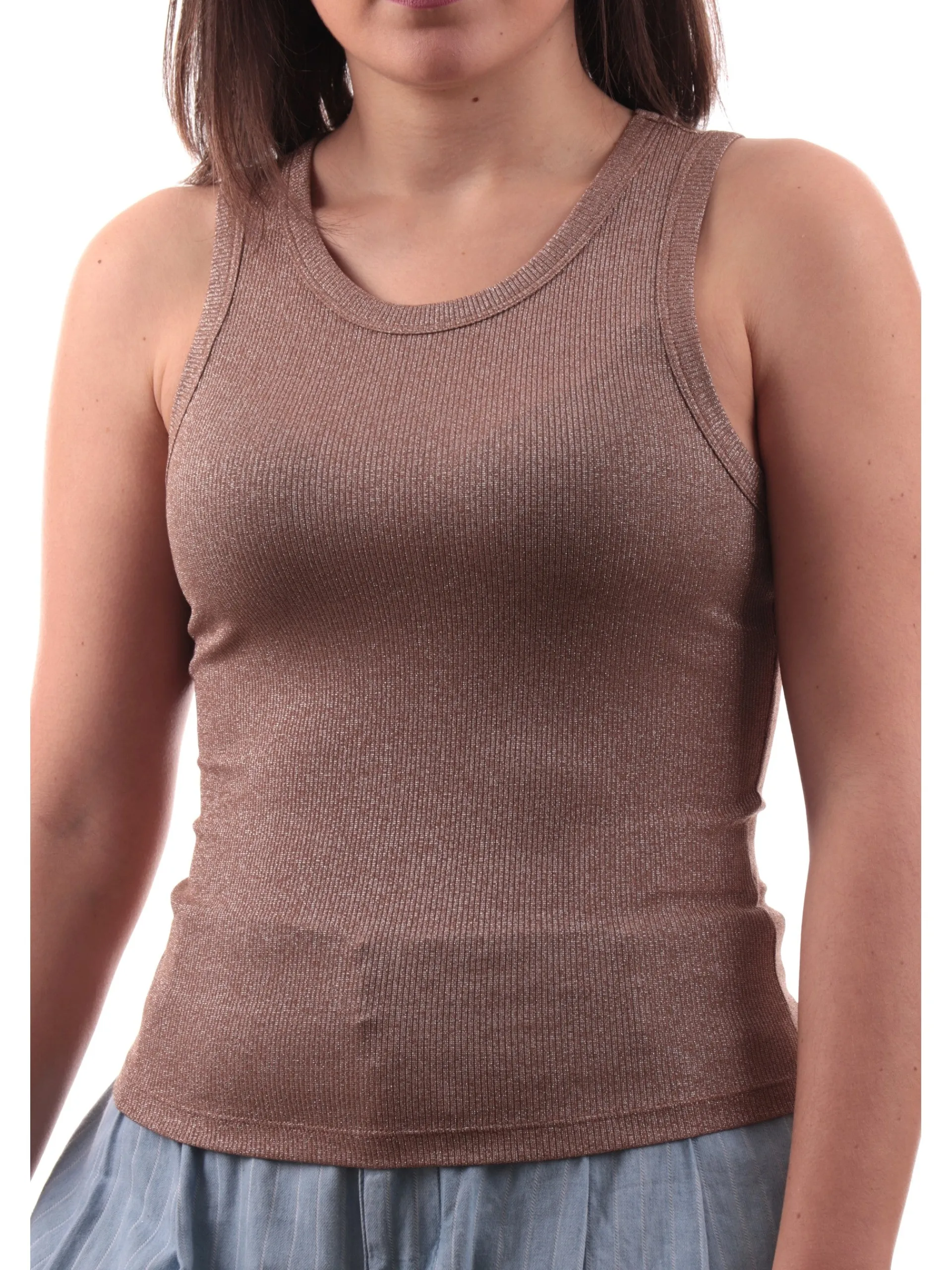 EMME MARELLA Maglie*Canotta lurex Bronzo a costine beige con bretelle e linee femminili FASTO004