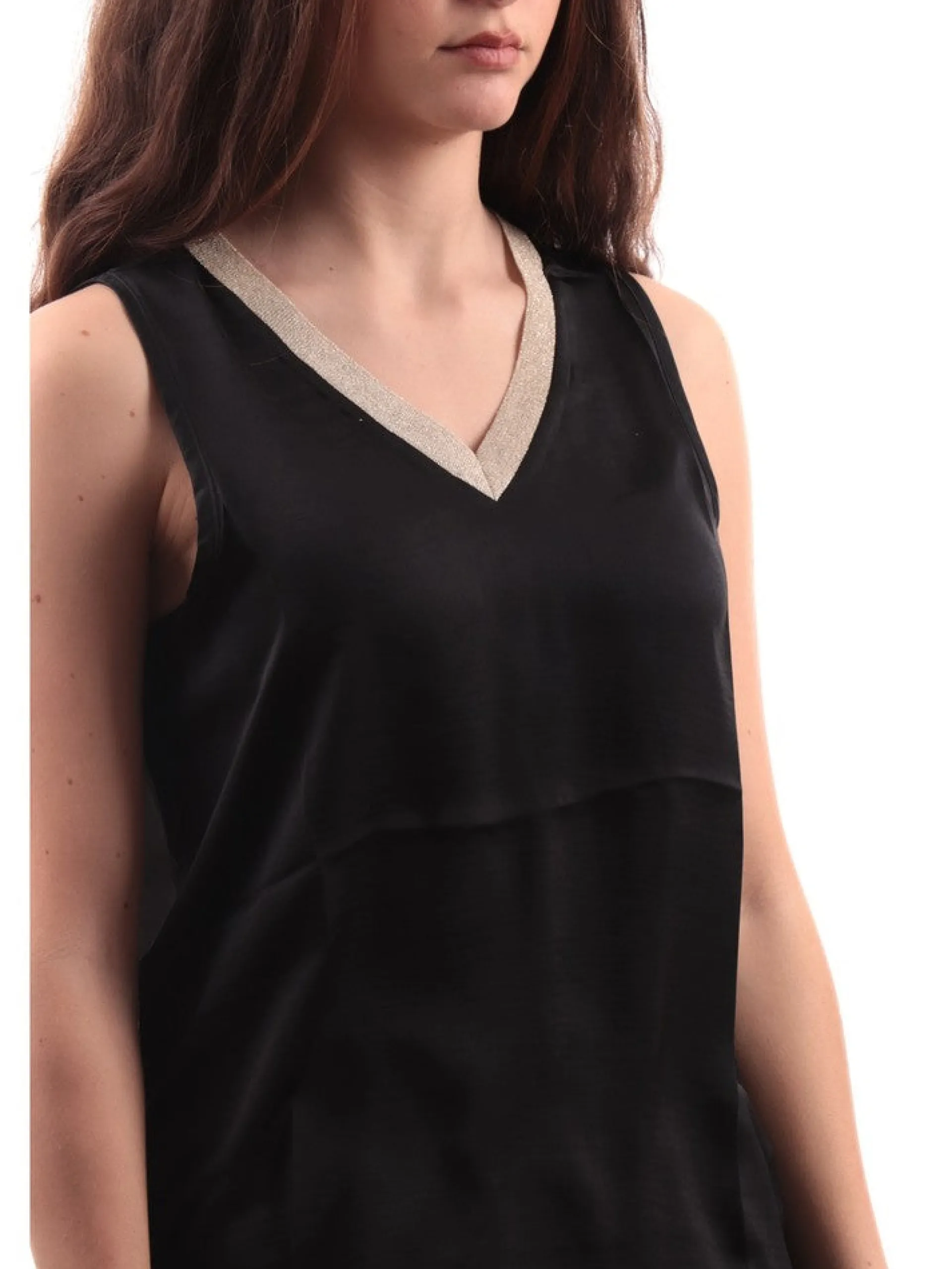 MOLLYBRACKEN Maglie*Canotta Raso Nera scollo a V con profilo oro lurex Molly Bracken MWS115CP