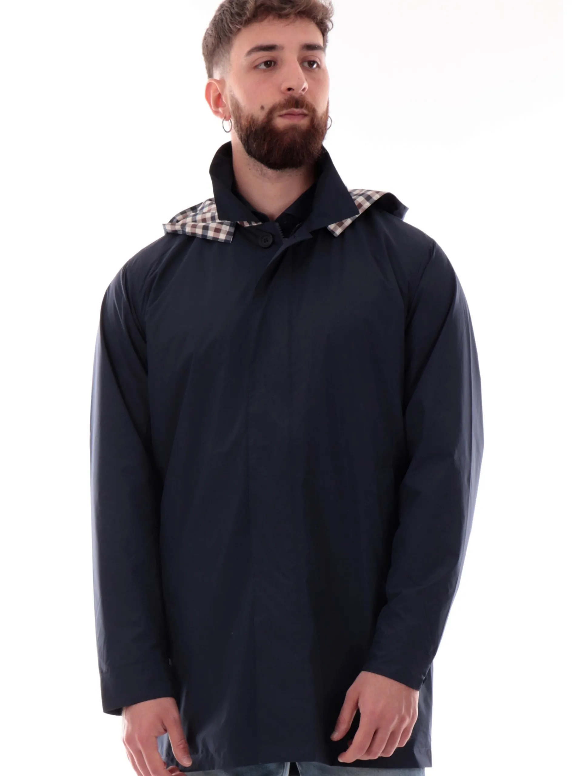 AQUASCUTUM Cappotti*Cappotto primaverile blu da uomo trench con cappuccio removibile AAB005JK014