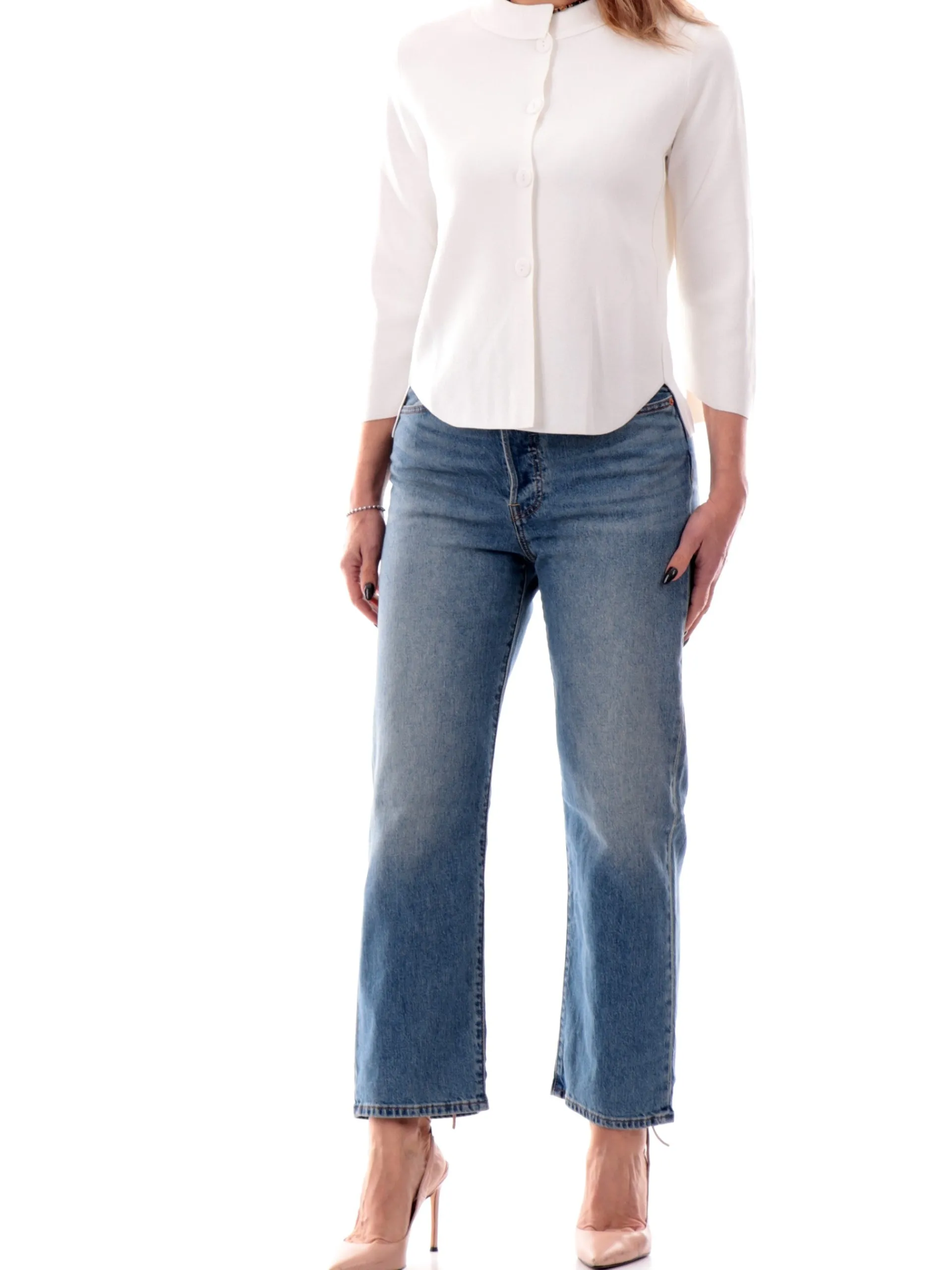 ANIS Maglie*Cardigan bianco da donna con bottoni collo coreana maniche tre quarti 251W6174