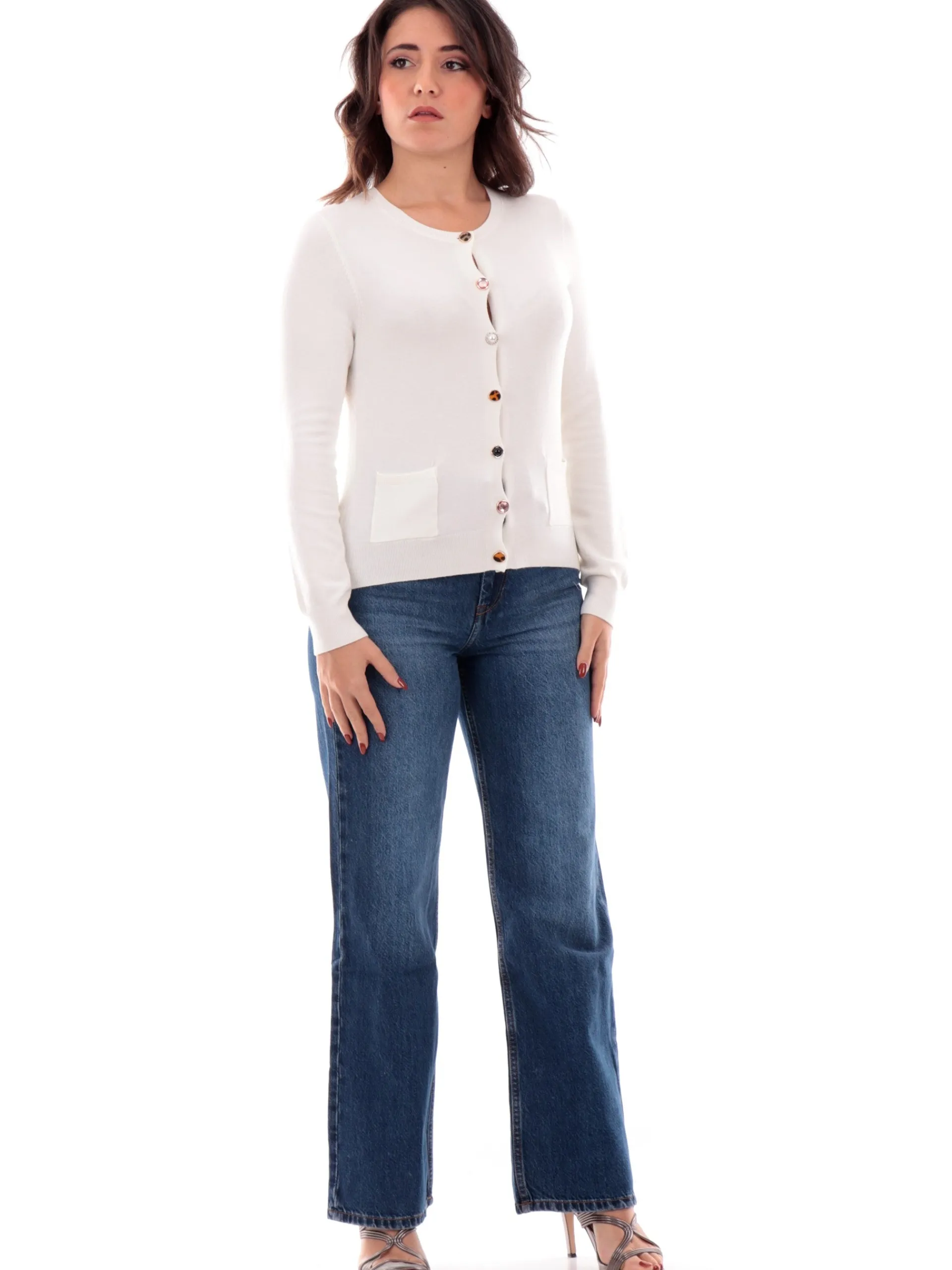 ANIS Maglie*Cardigan bianco da donna con bottoni gioiello 245W6022