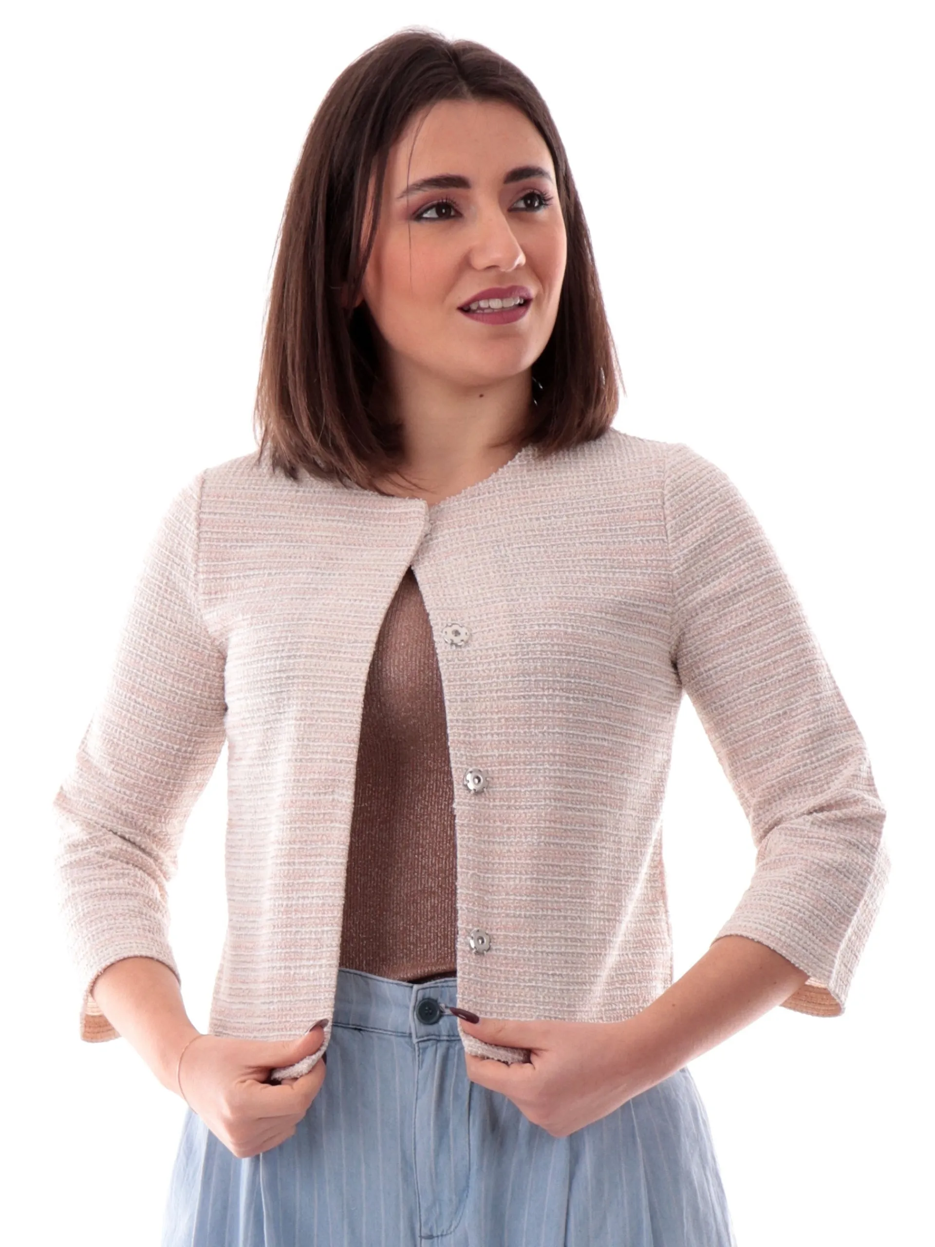ANIS Giacche*Cardigan bianco e rosa lurex da donna maniche tre quarti 251W1331