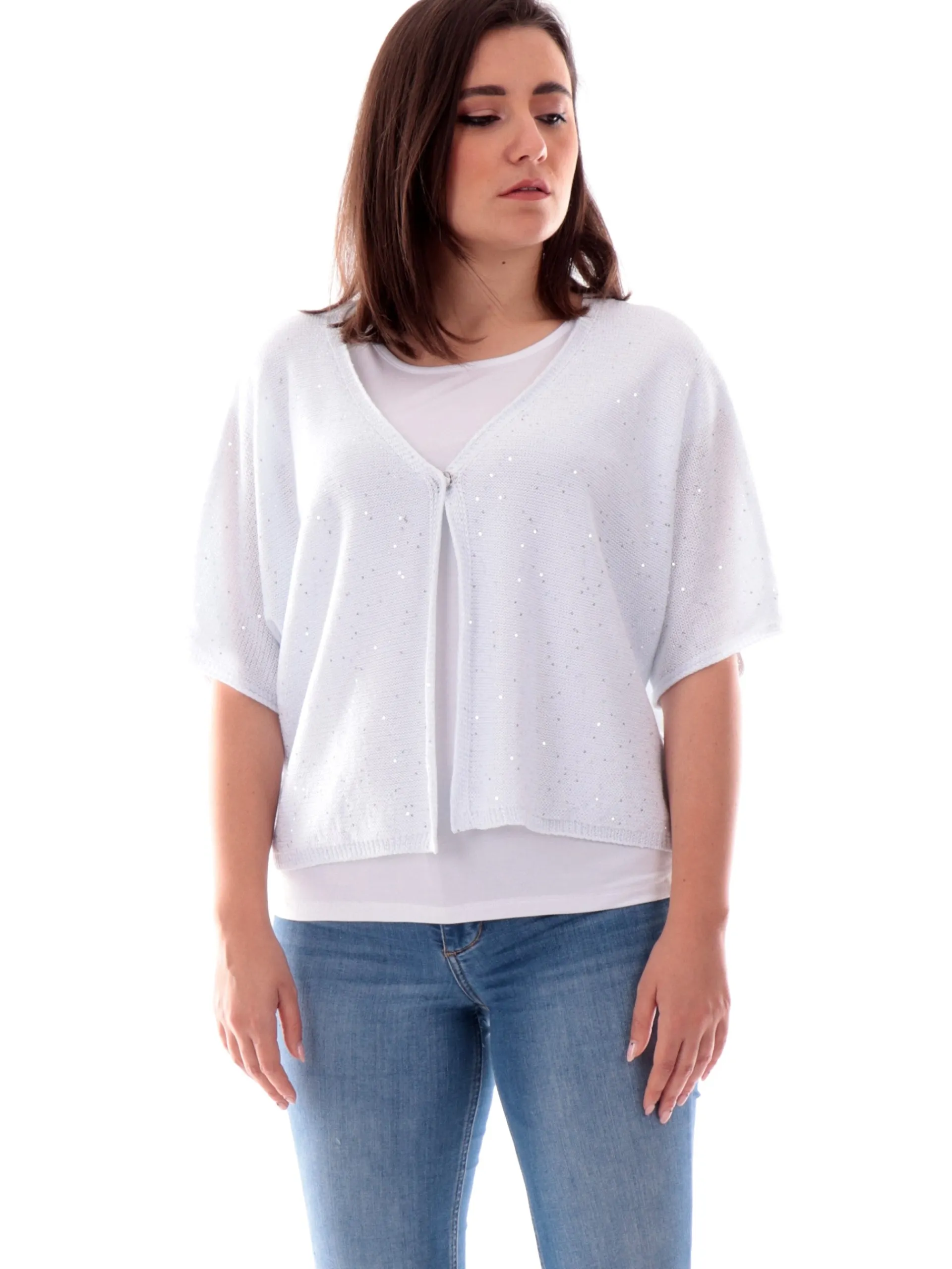 ANIS Maglie*Cardigan bianco scollo a V da donna con paillettes 251W1231