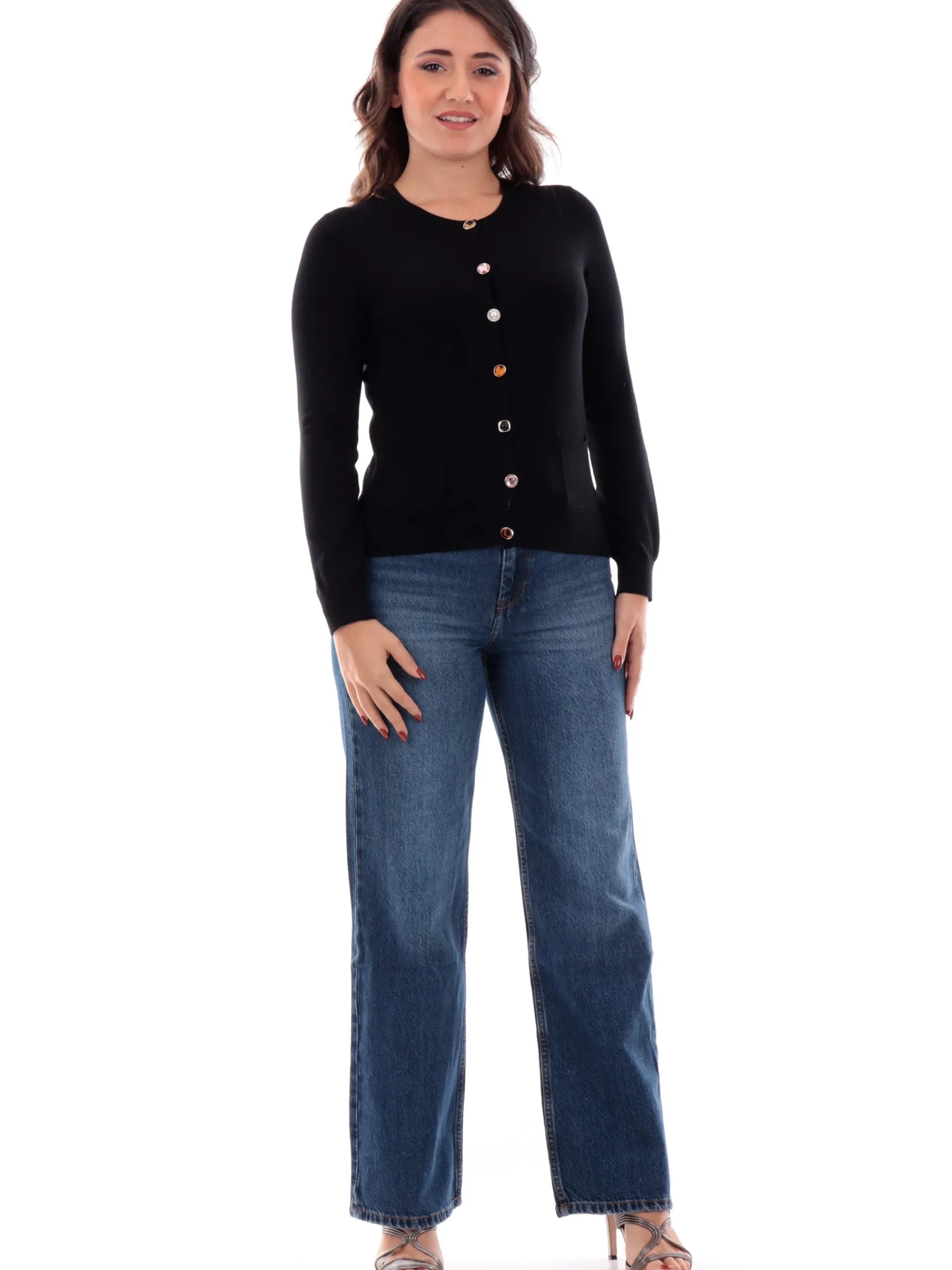ANIS Maglie*Cardigan nero da donna con bottoni gioiello 245W6022
