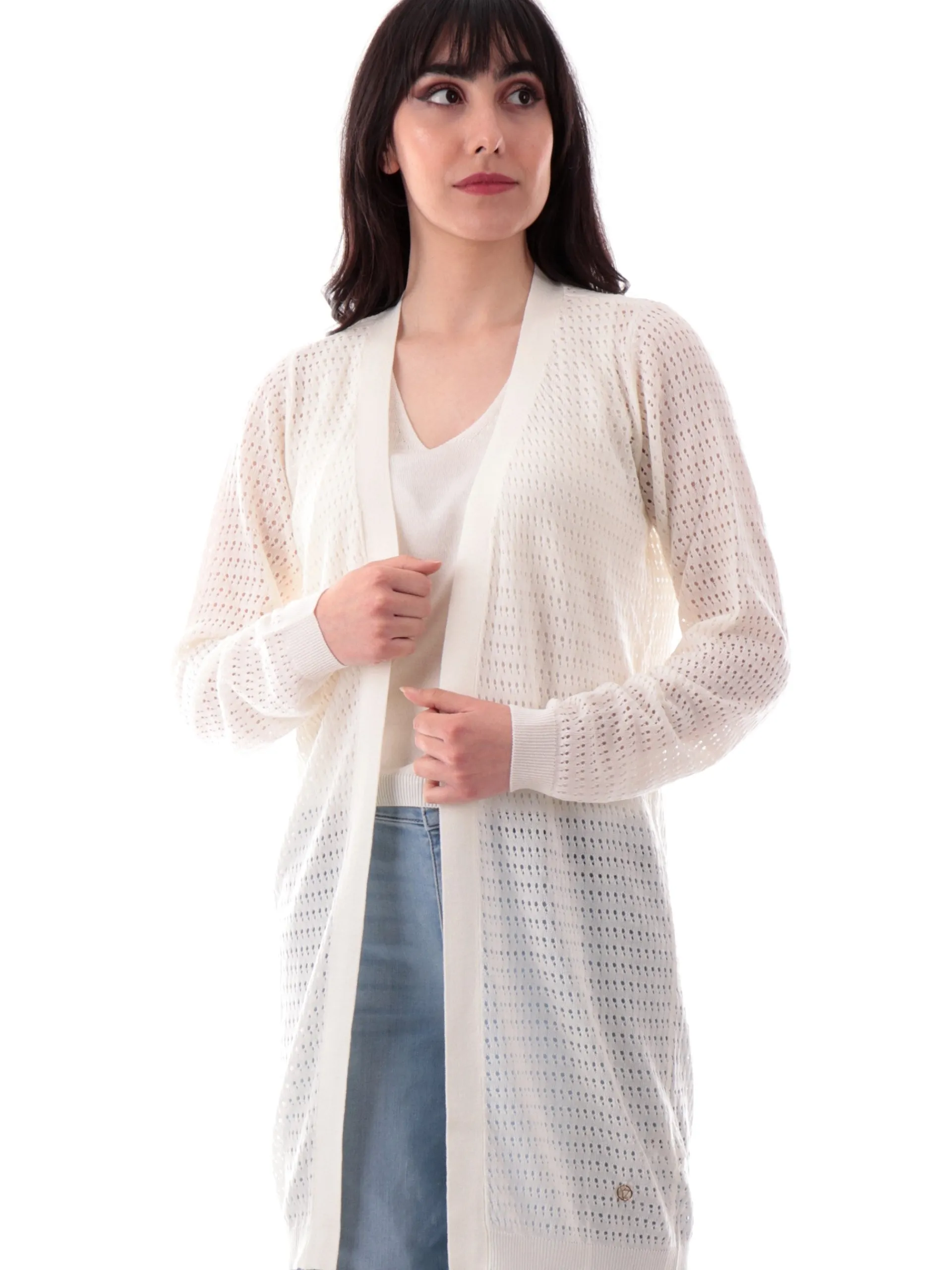 YES ZEE Maglie*Cardigan bianco lungo traforato in filo M439HF000101