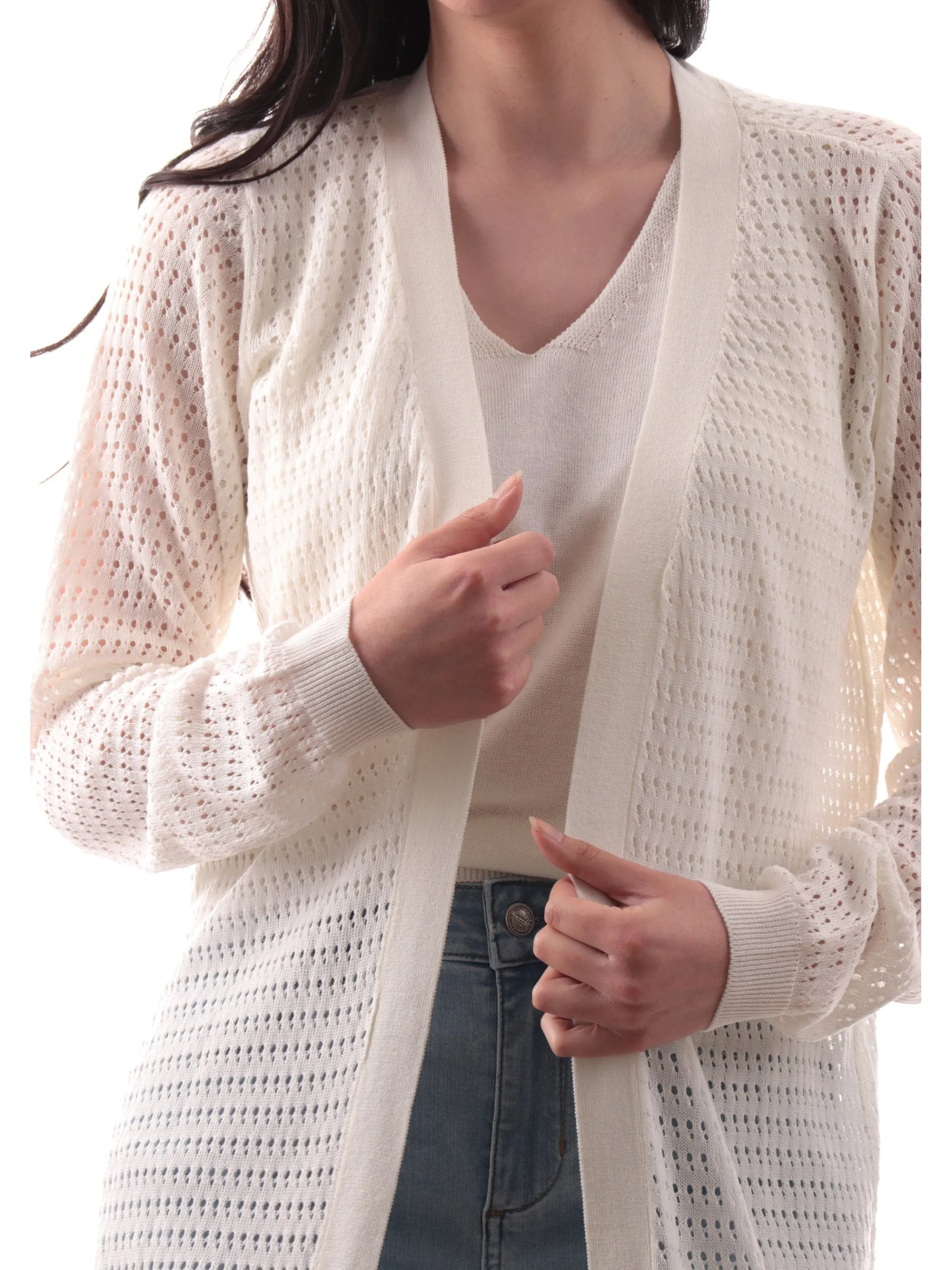 YES ZEE Maglie*Cardigan bianco lungo traforato in filo M439HF000101