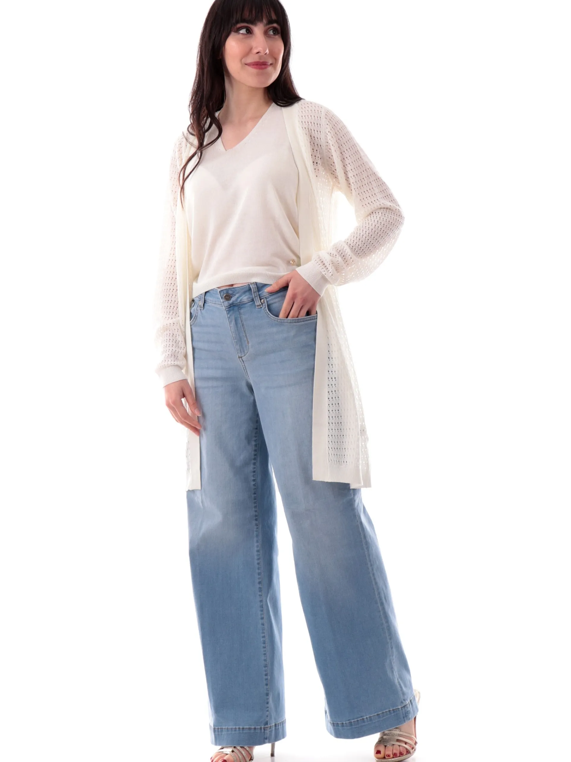 YES ZEE Maglie*Cardigan bianco lungo traforato in filo M439HF000101