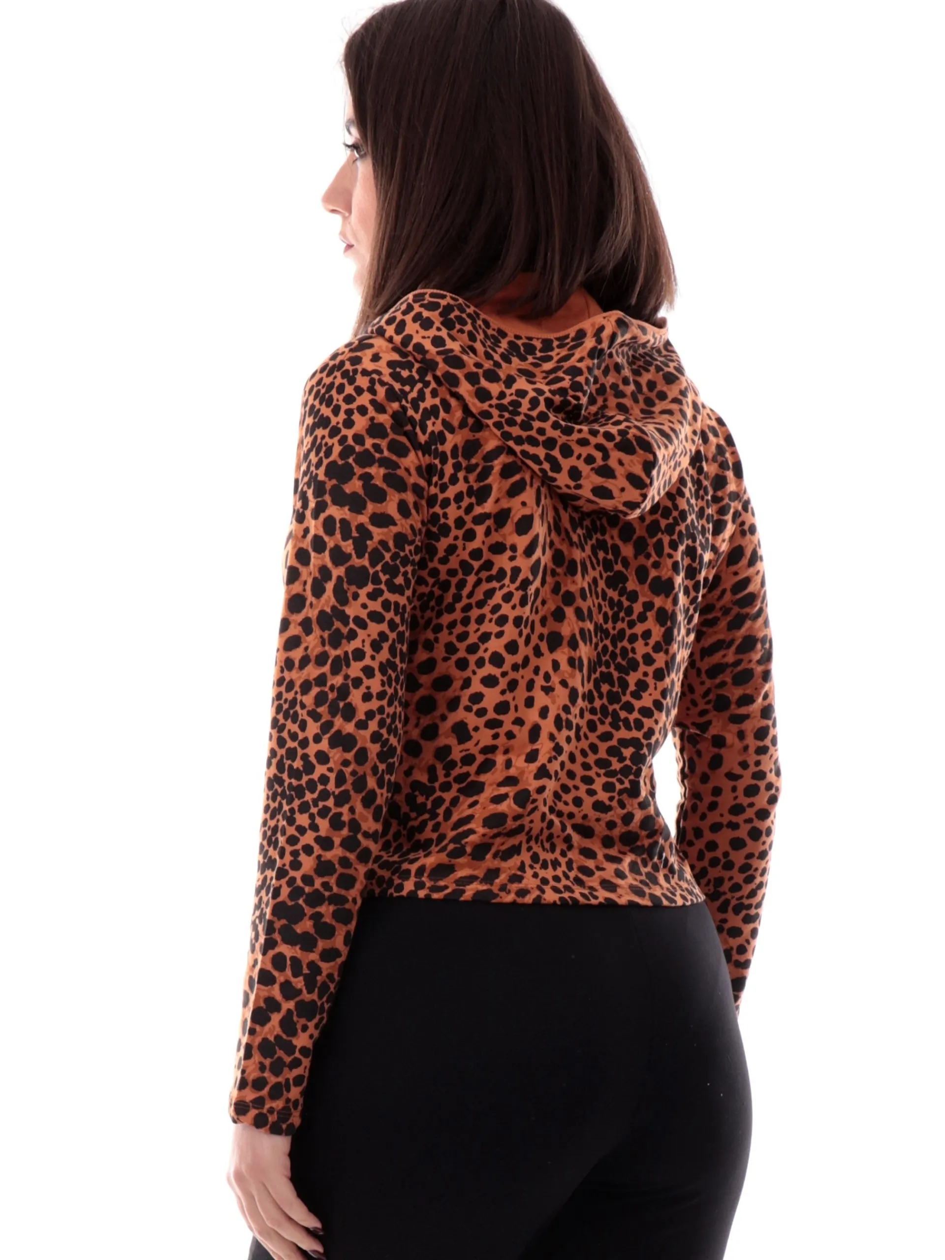 FREDDY Felpe*Felpa crop marrone animalier da donna full zip con cappuccio S25WMCS2C