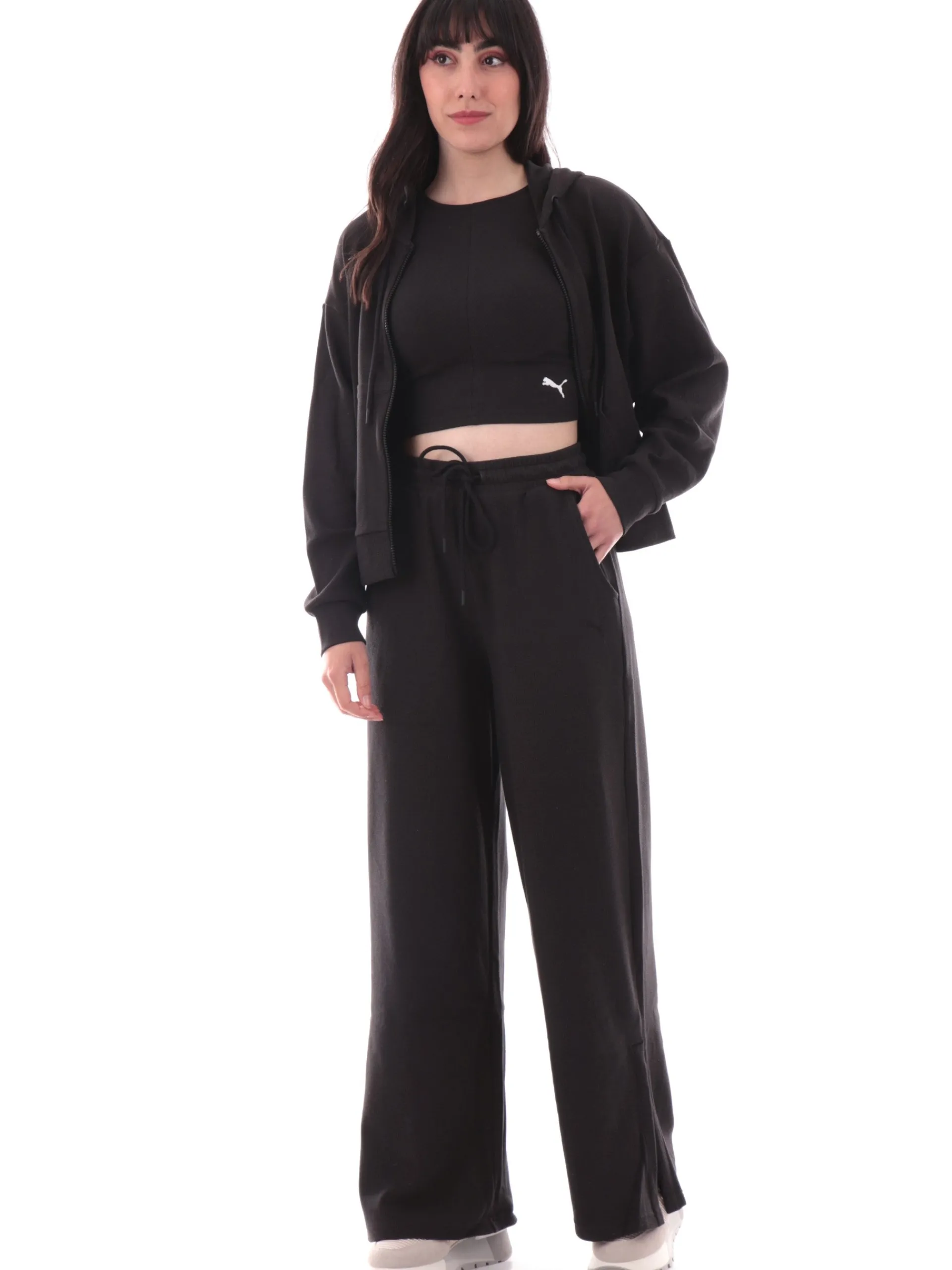 PUMA Felpe*Felpa crop nera da donna nido d'ape full zip con cappuccio 685056