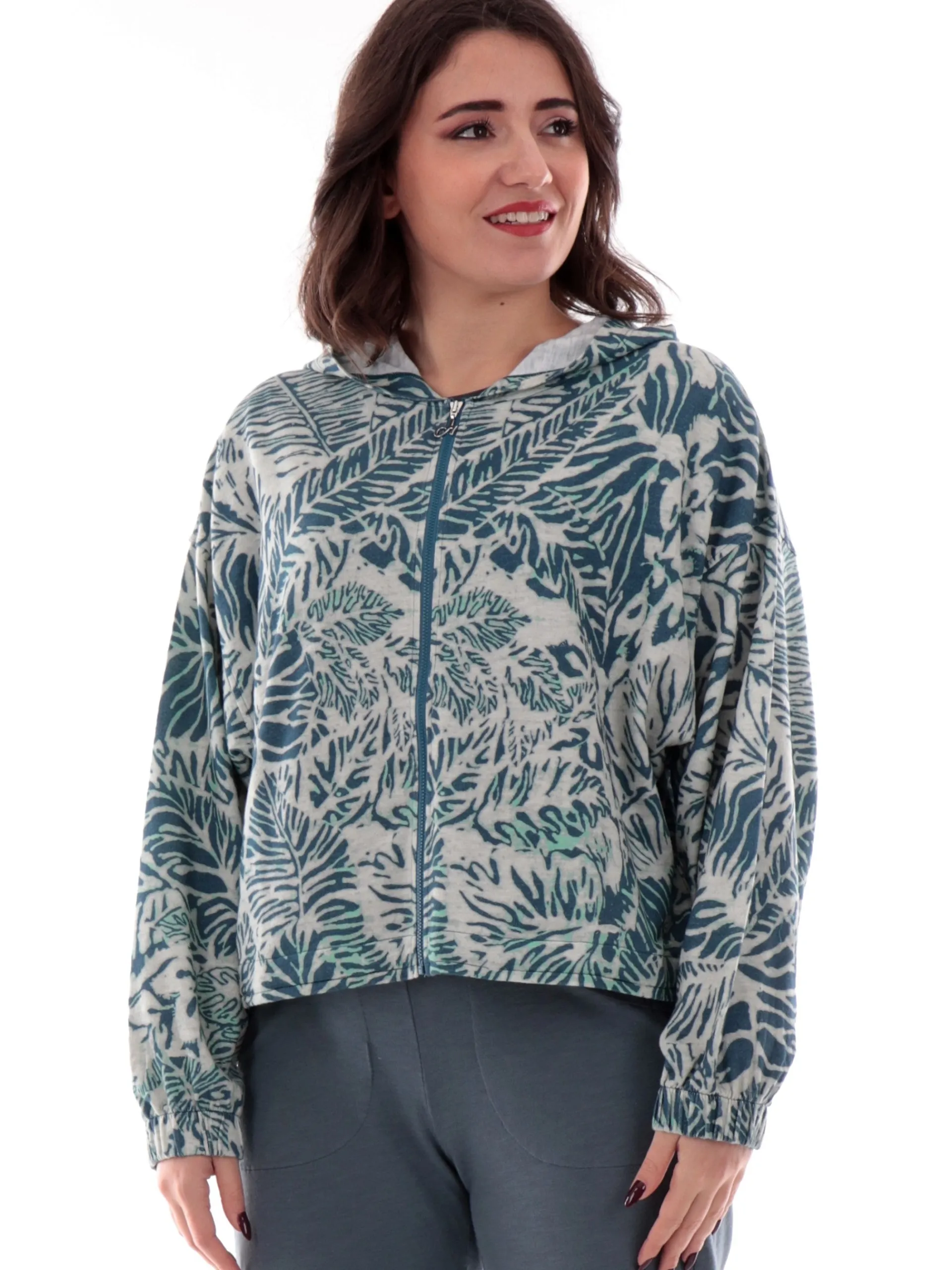 DEHA Felpe*Felpa fantasia floreale azzurra da donna con cappuccio D2242037714